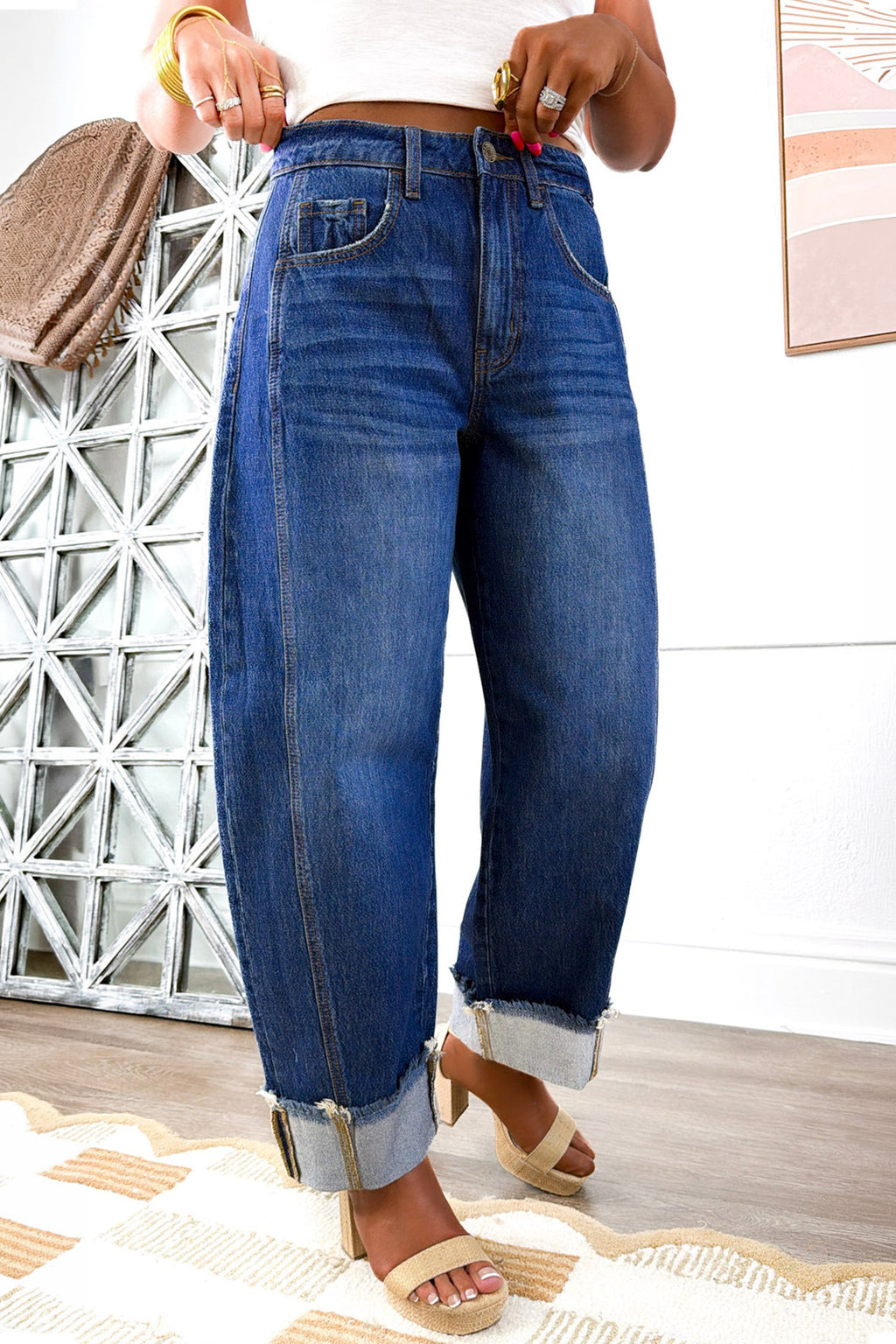 Sail Blue Raw Hem Turnup Loose Ankle-length Jeans