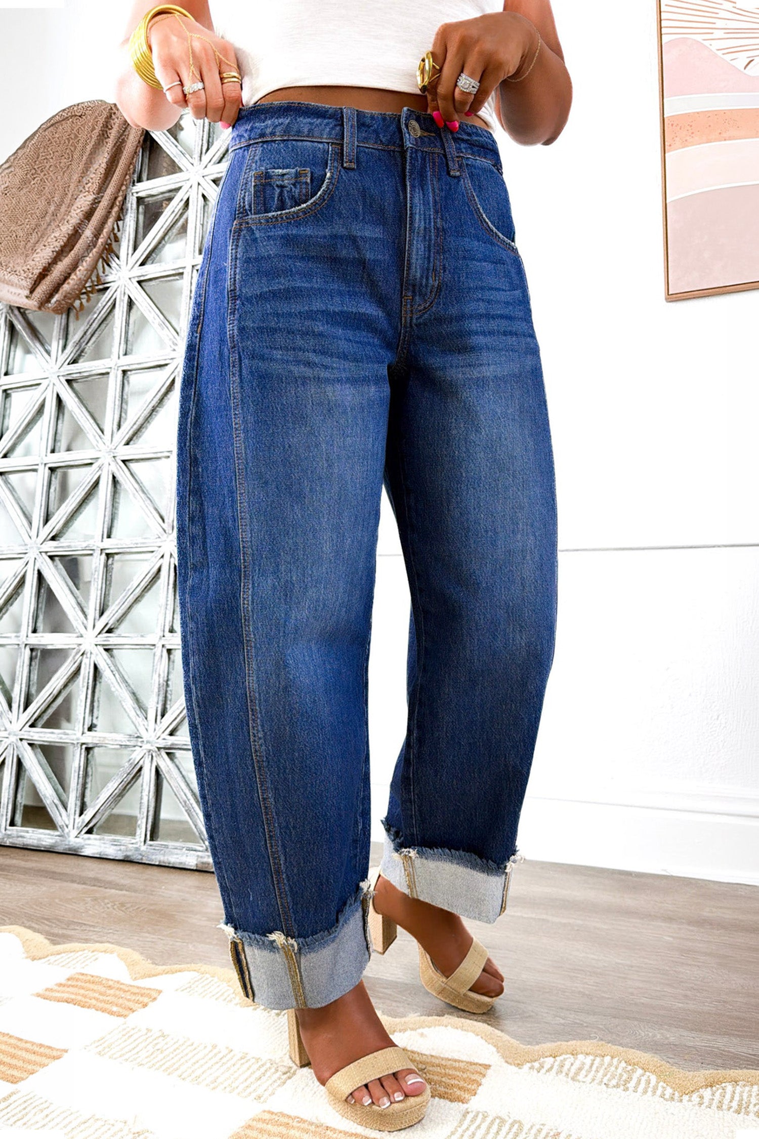 Sail Blue Raw Hem Turnup Loose Ankle-length Jeans