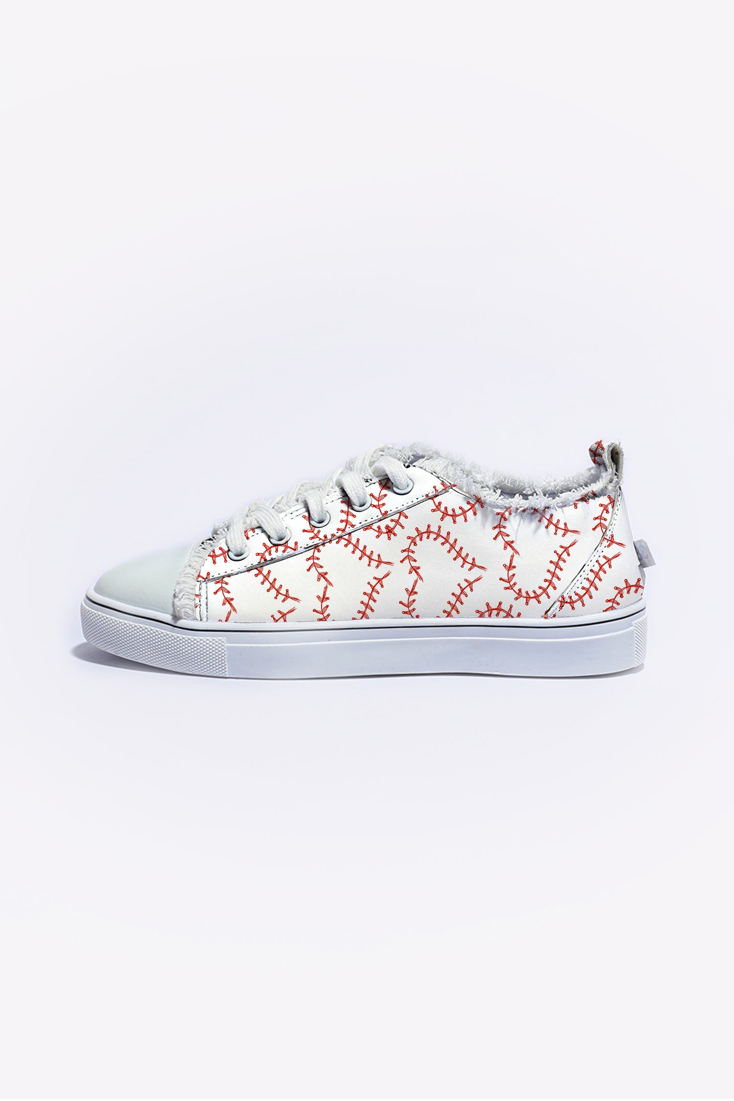 White Baseball Seam Printed Frayed Canvas Shoes