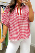Red Plaid Short Sleeve Colorblock Trim Split Neck Blouse