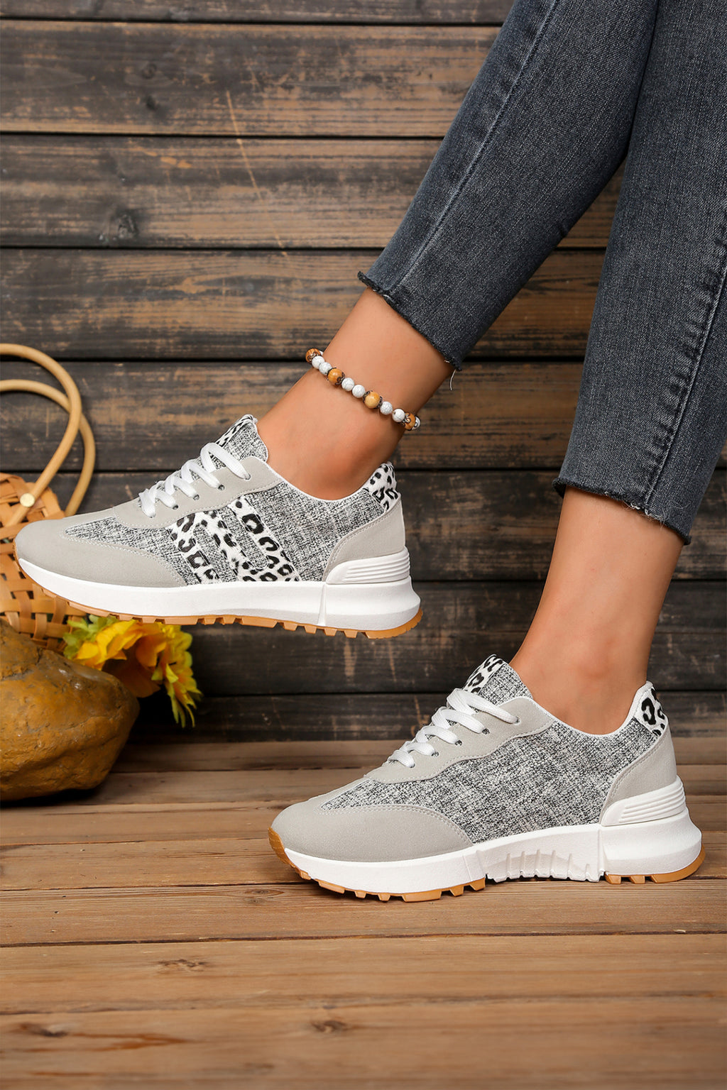 White Mix Texture Patchwork Leopard Detail Lace Up Sneakers