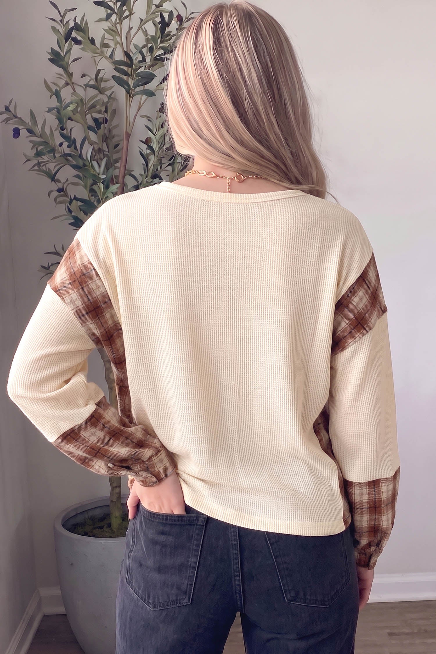 Beige Waffle Textured V Neck Plaid Colorblock Drop Shoulder Long Sleeve Top