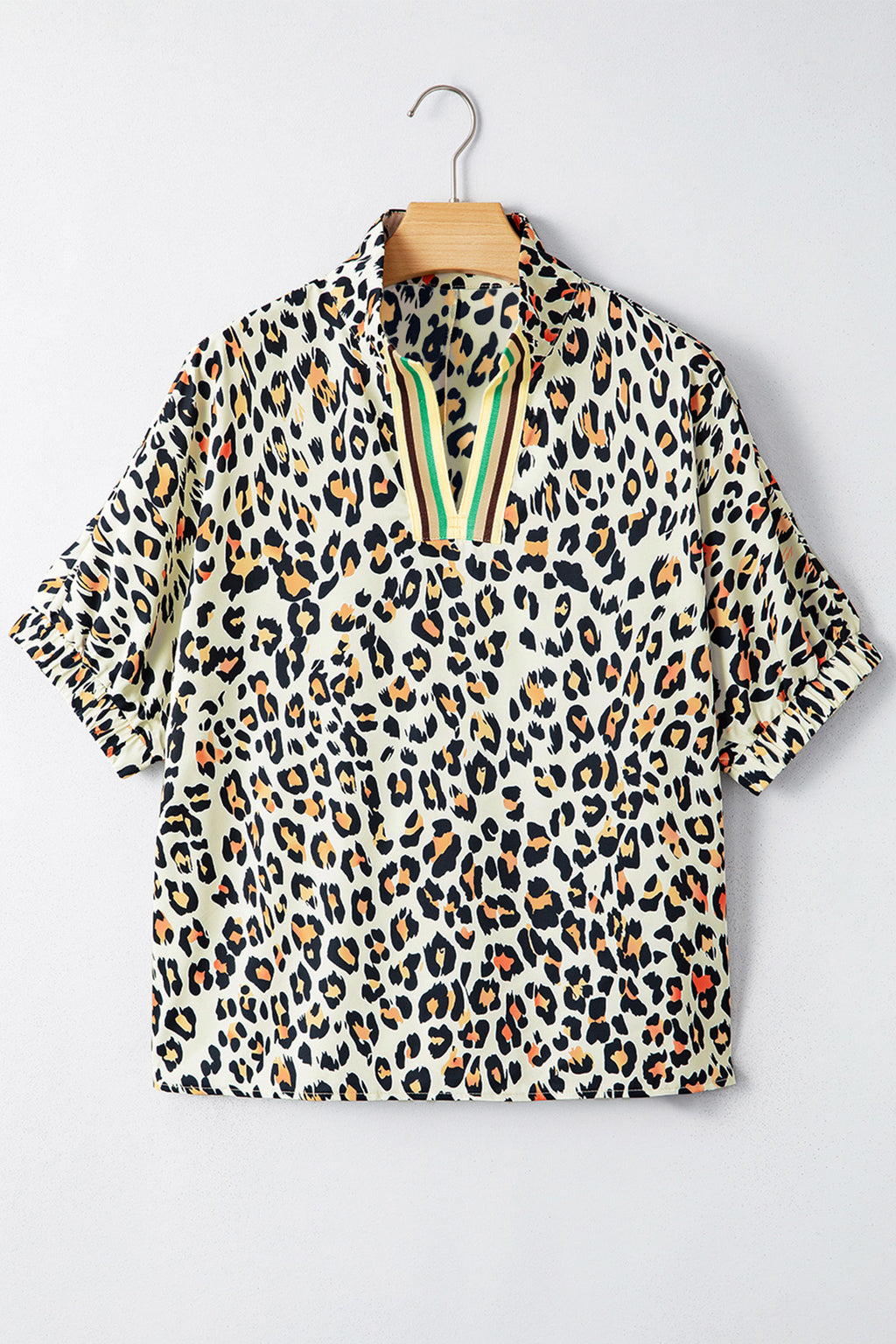 Khaki Leopard Color Block Contrast Striped V Neck Half Sleeve Loose Fit Blouse