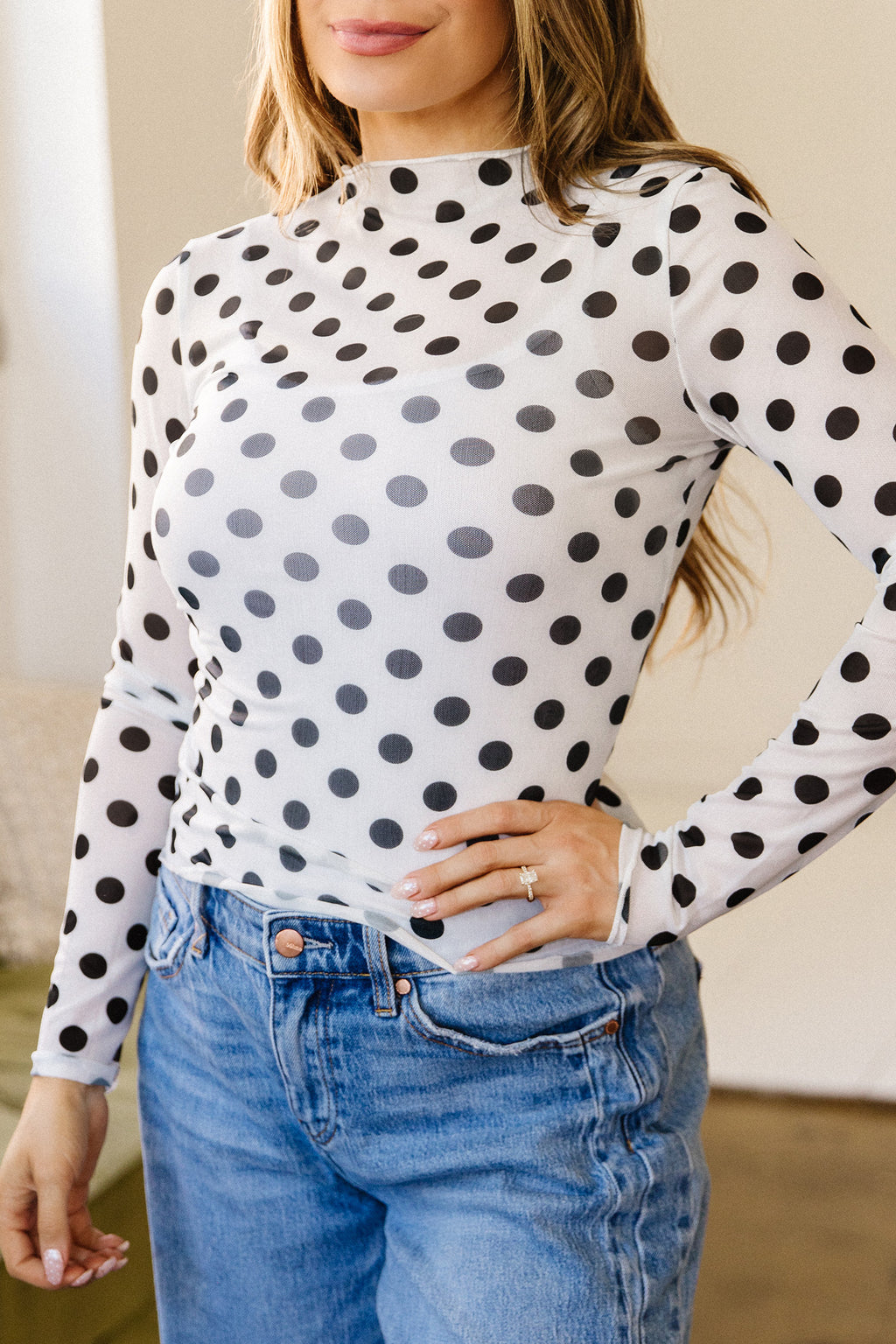 White Polka Dot Sheer Long Sleeve Round Neck Slim Top