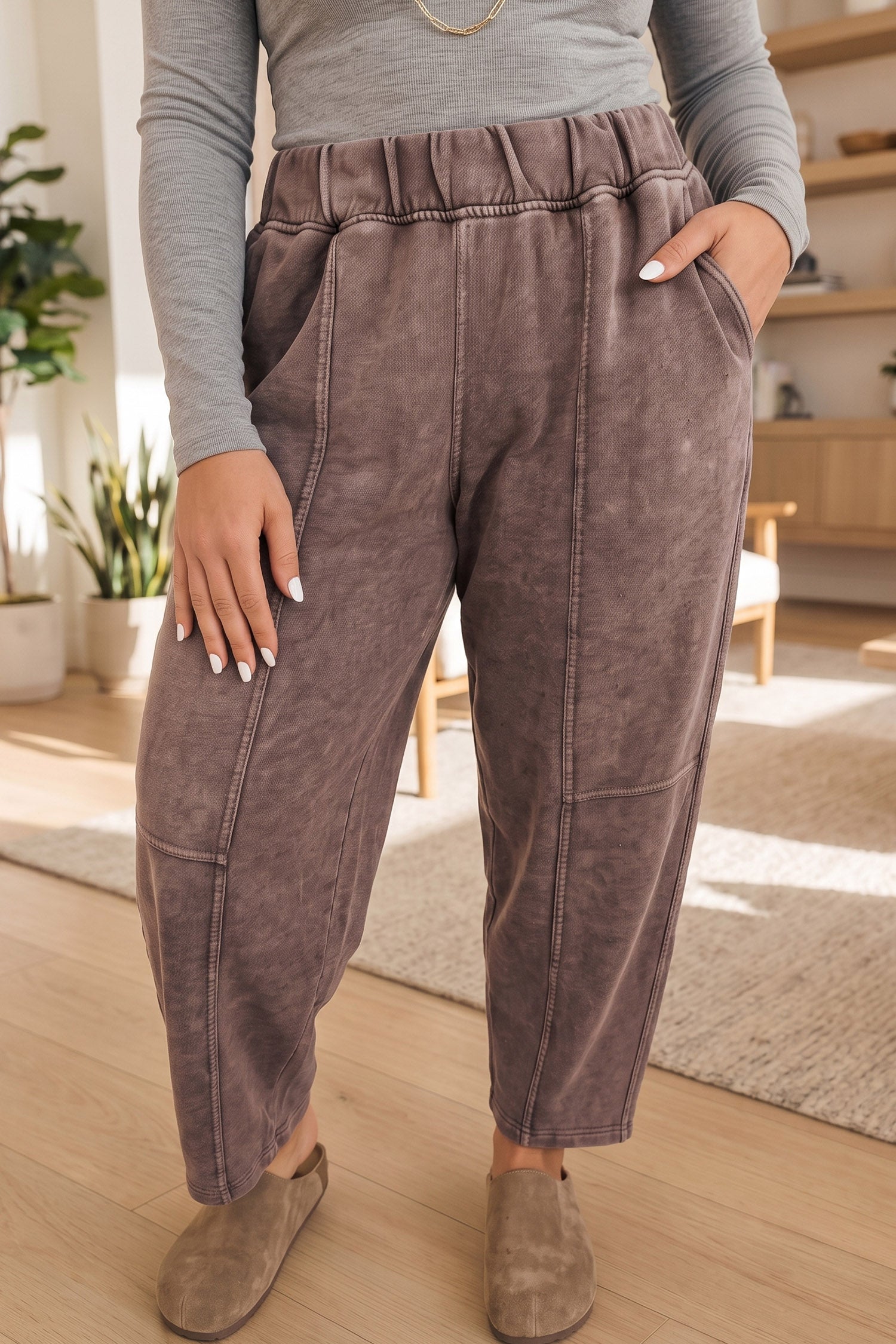 Coffee Mineral Wash Elastic Waistband Plus Size Barrel Pants