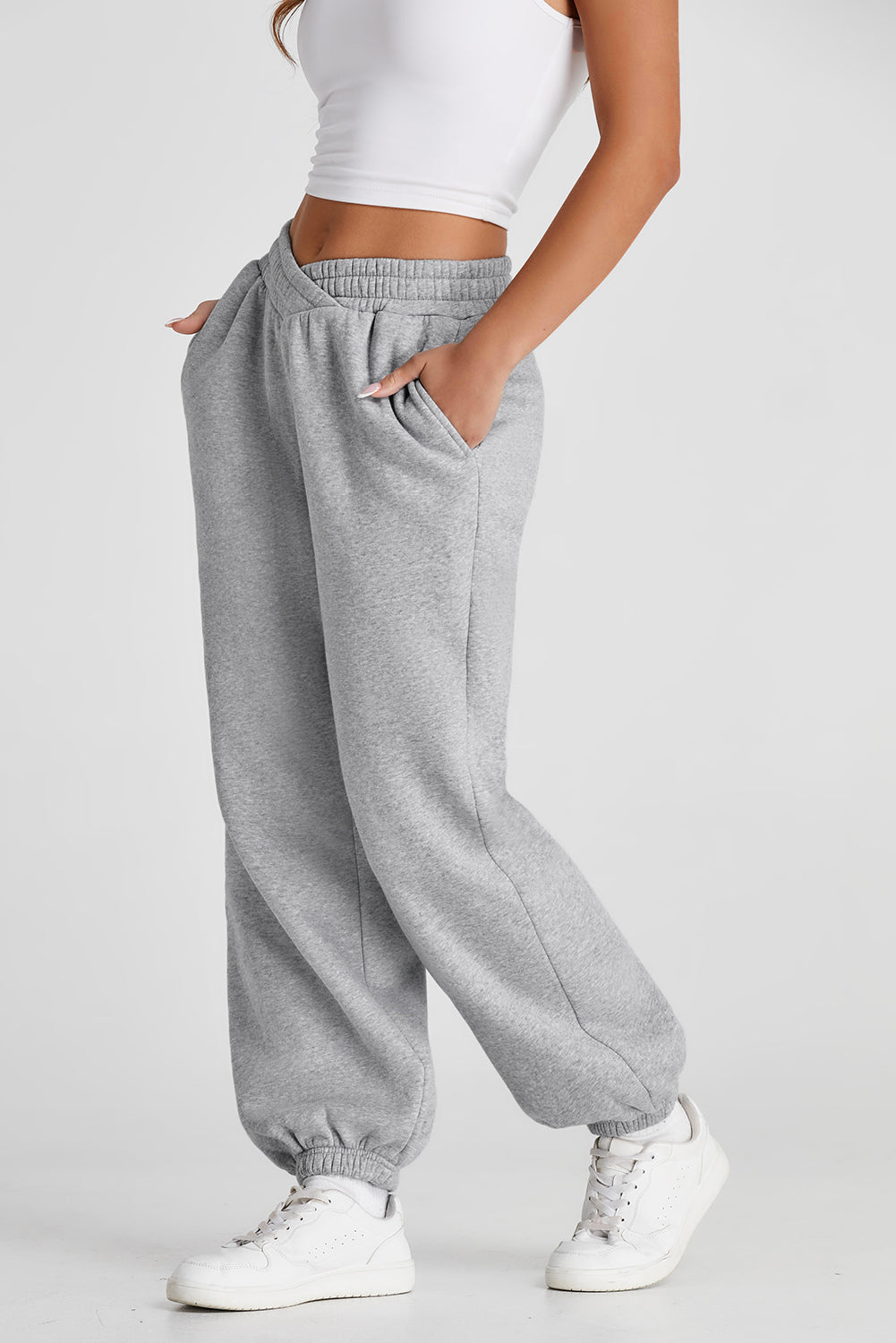 Light Grey Solid Color Crisscross Elastic Waist Sweatpants
