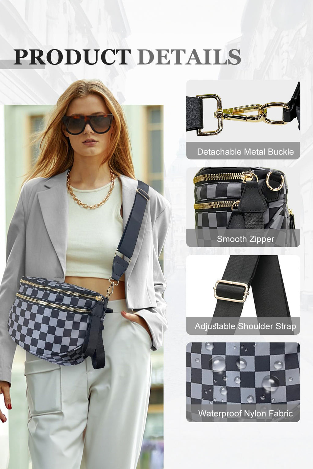 Dark Grey Checkered Print Wide Strap Large Crossbody Bag