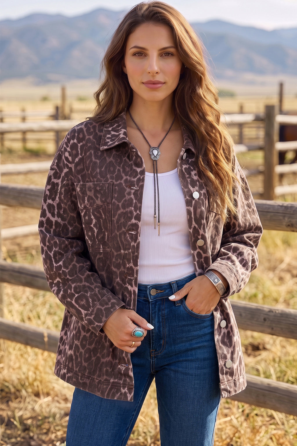 Khaki Oversized Leopard Print Long Sleeve Patch Pocket Denim Jacket