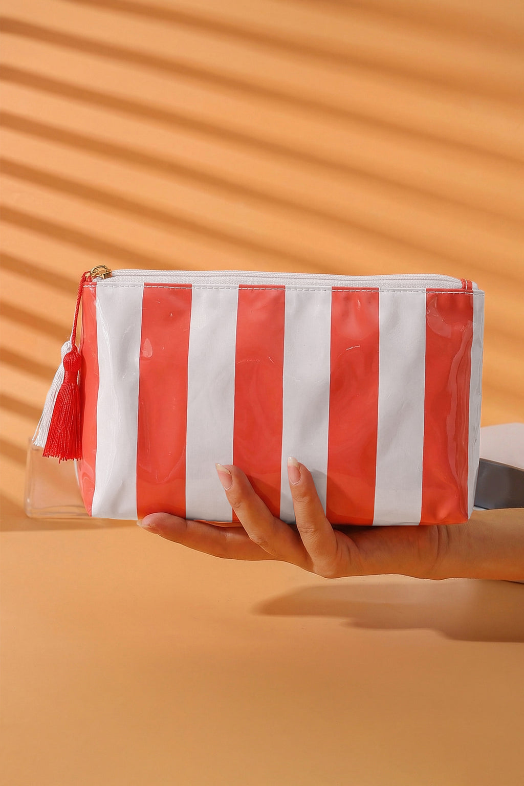Carrot Striped Vinyl Waterproof Tassel Zipper Makeup Bag