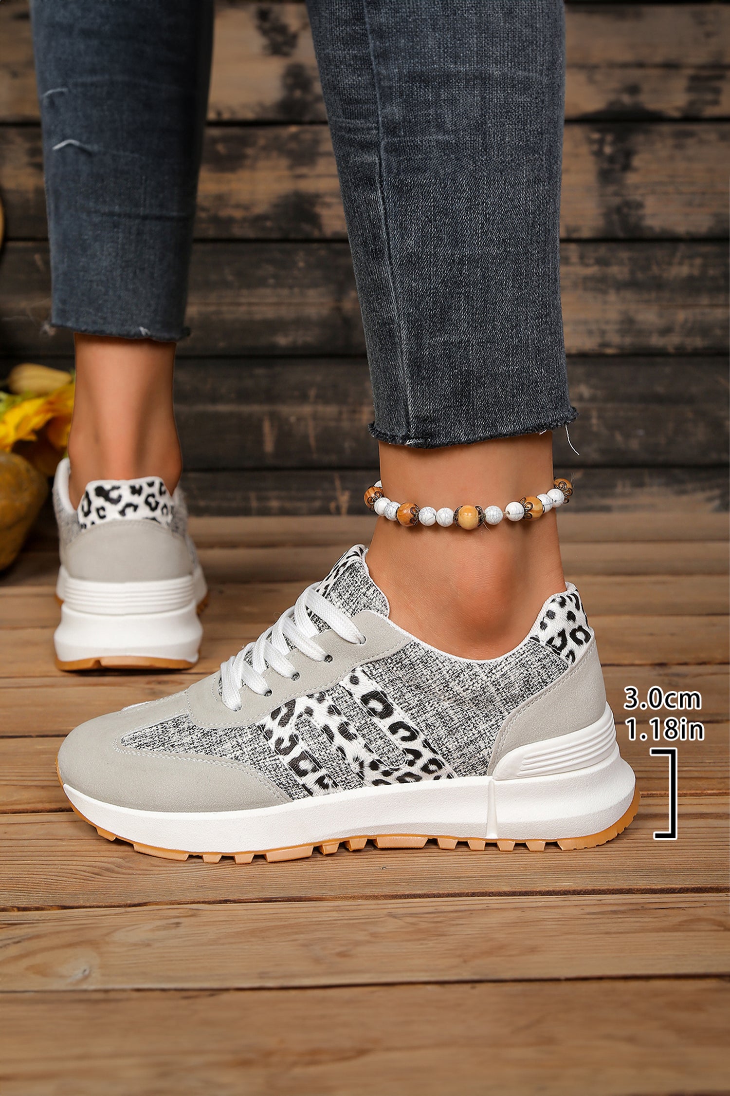 White Mix Texture Patchwork Leopard Detail Lace Up Sneakers