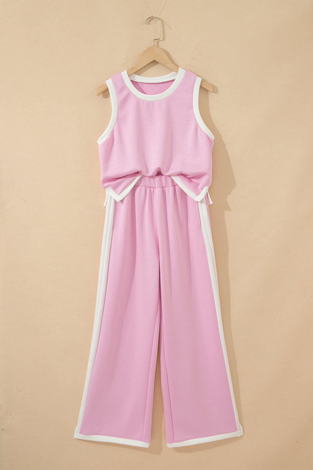 Pink Colorblock Trim Cropped Tank Elastic Waist Shift Pants 2pcs Set