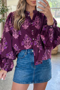 Purple Floral Print Button-Up Long Puff Sleeve Loose Shirt