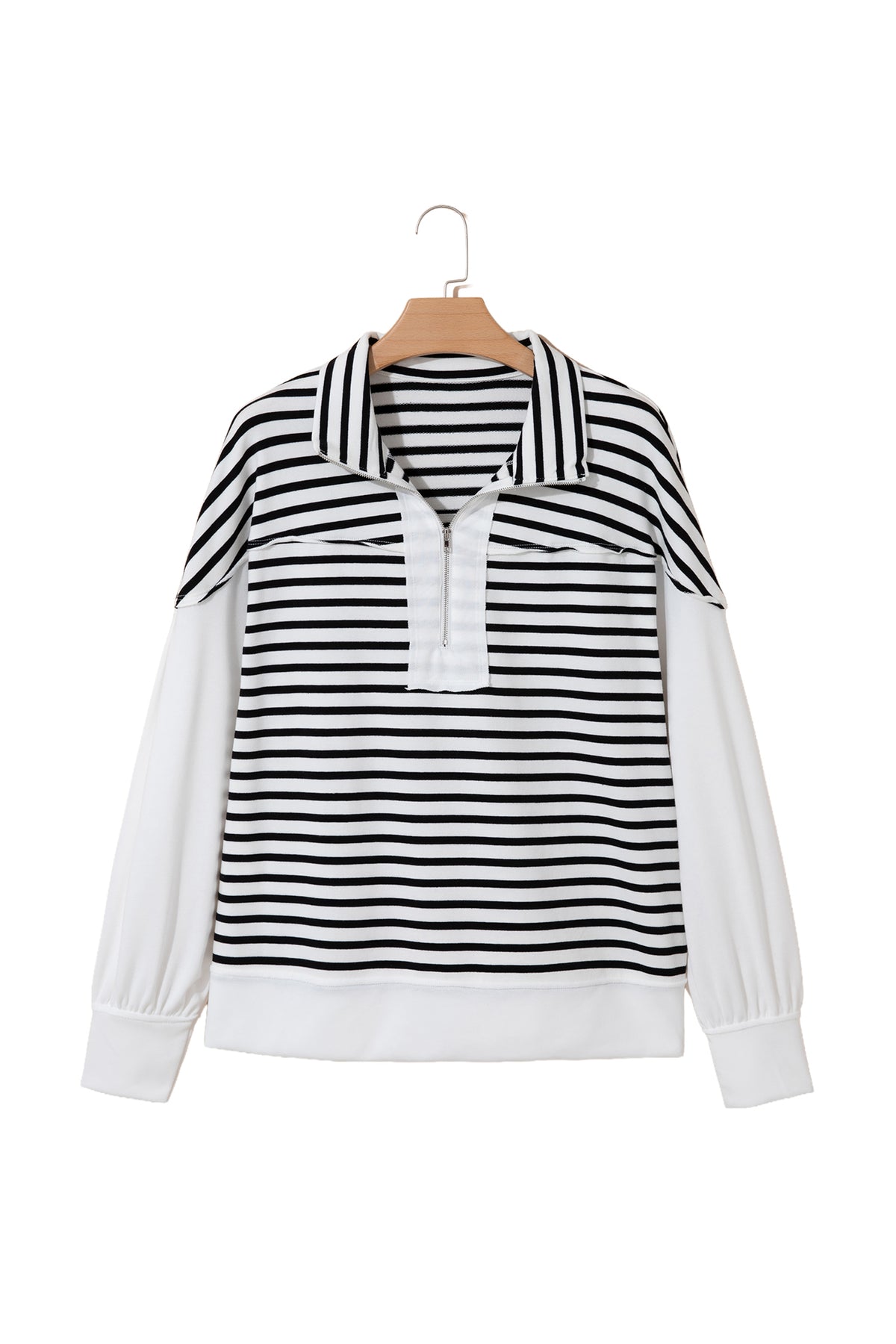 White Stripe Color Block Long Puff Sleeve Metal Zip-Up Collar Top