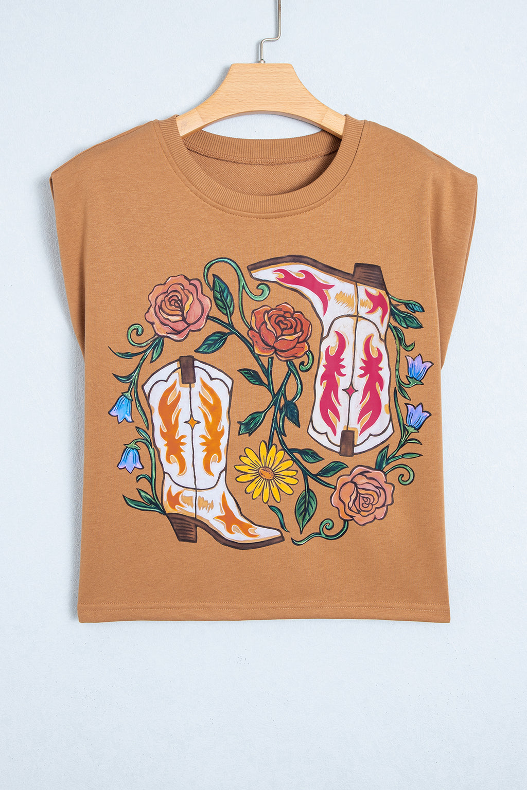Camel Western Boots Flower Printed Sleeveless Loose Tank Top
