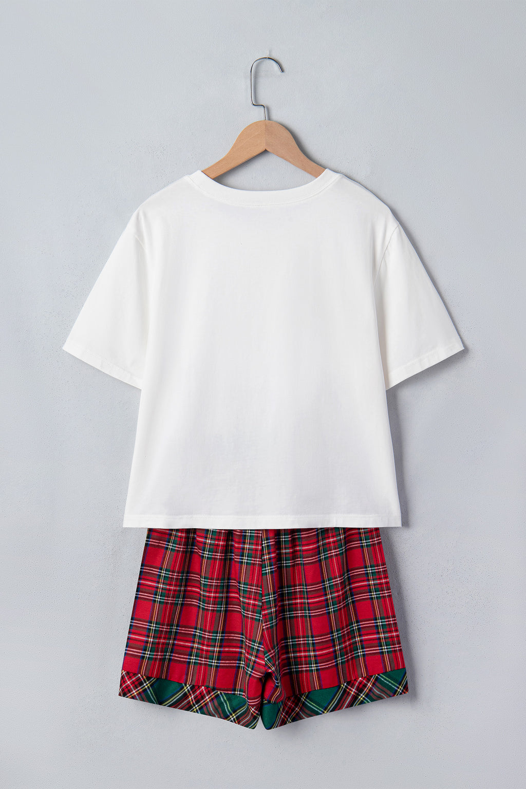White Plaid Letter Print Short Sleeve Top Elastic Waist Pocket Shorts Lounge Set
