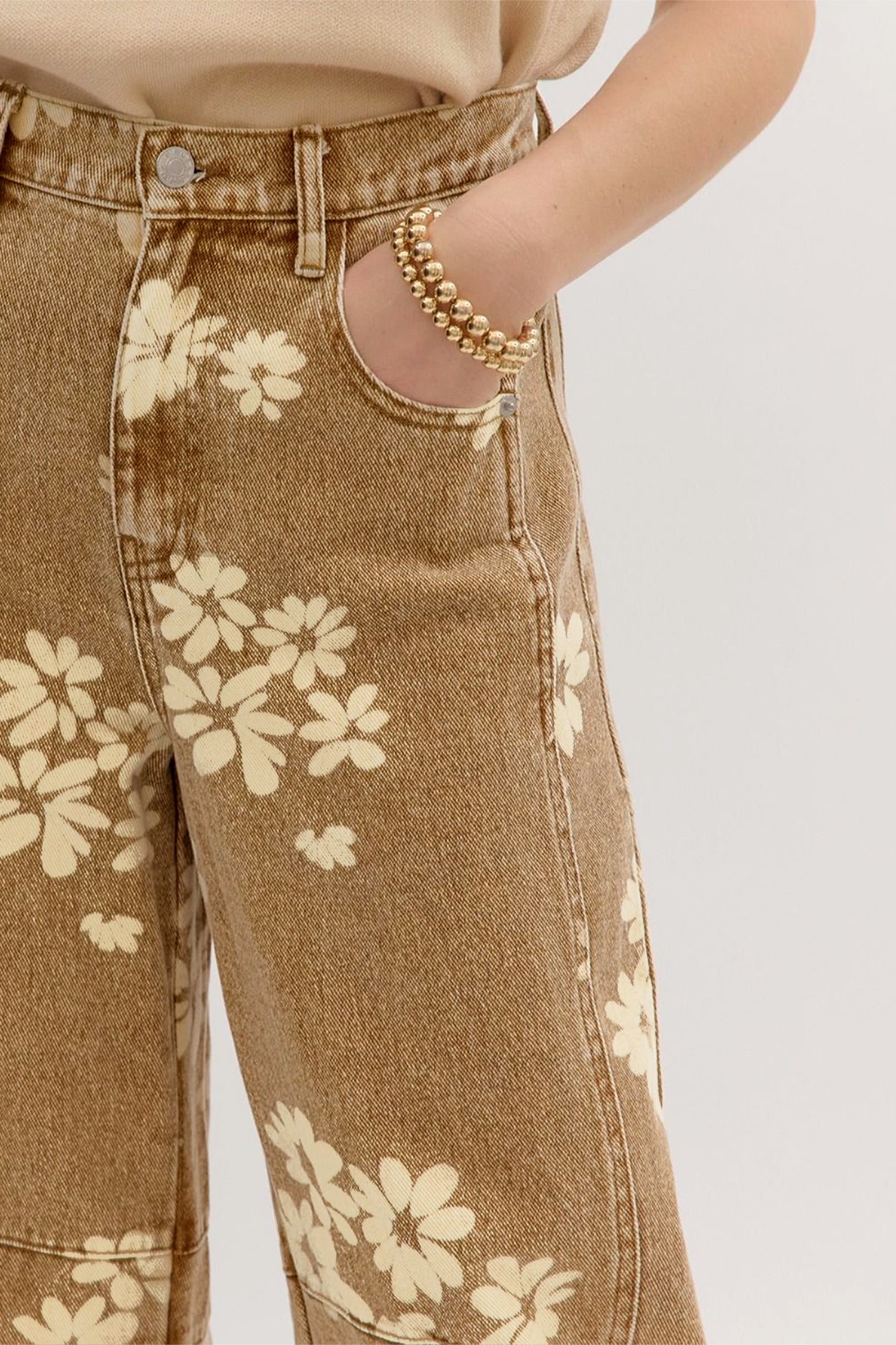 Khaki Floral Print Metal Button Pleated Straight Leg Jeans