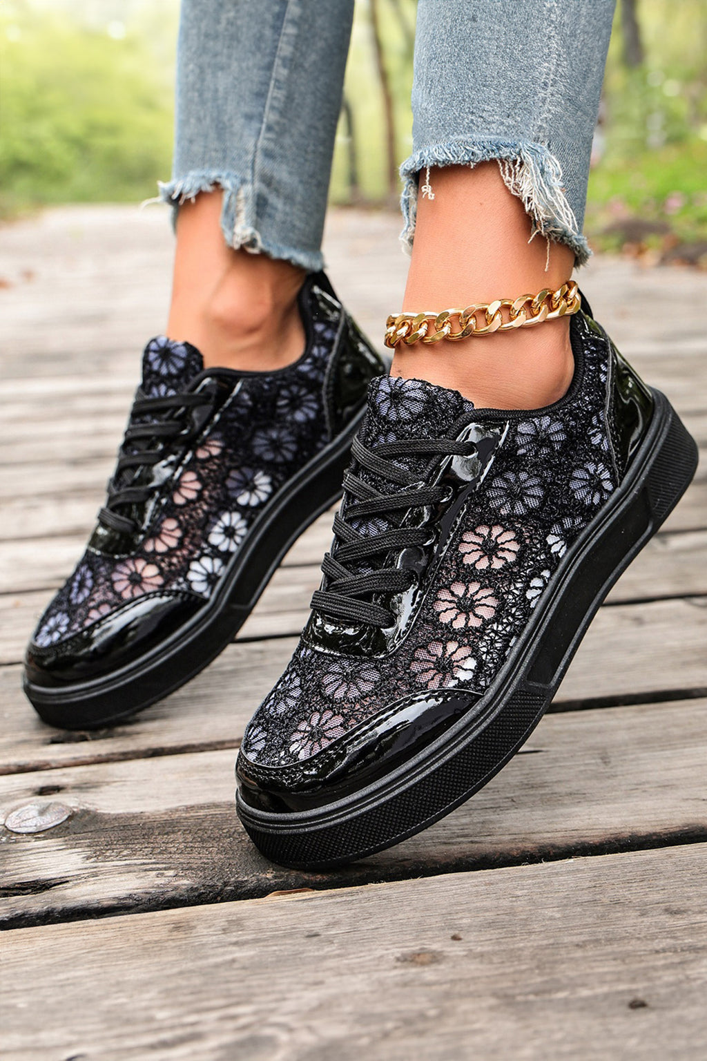 Color black Sheer Floral Lace Slip-On Casual Sneakers