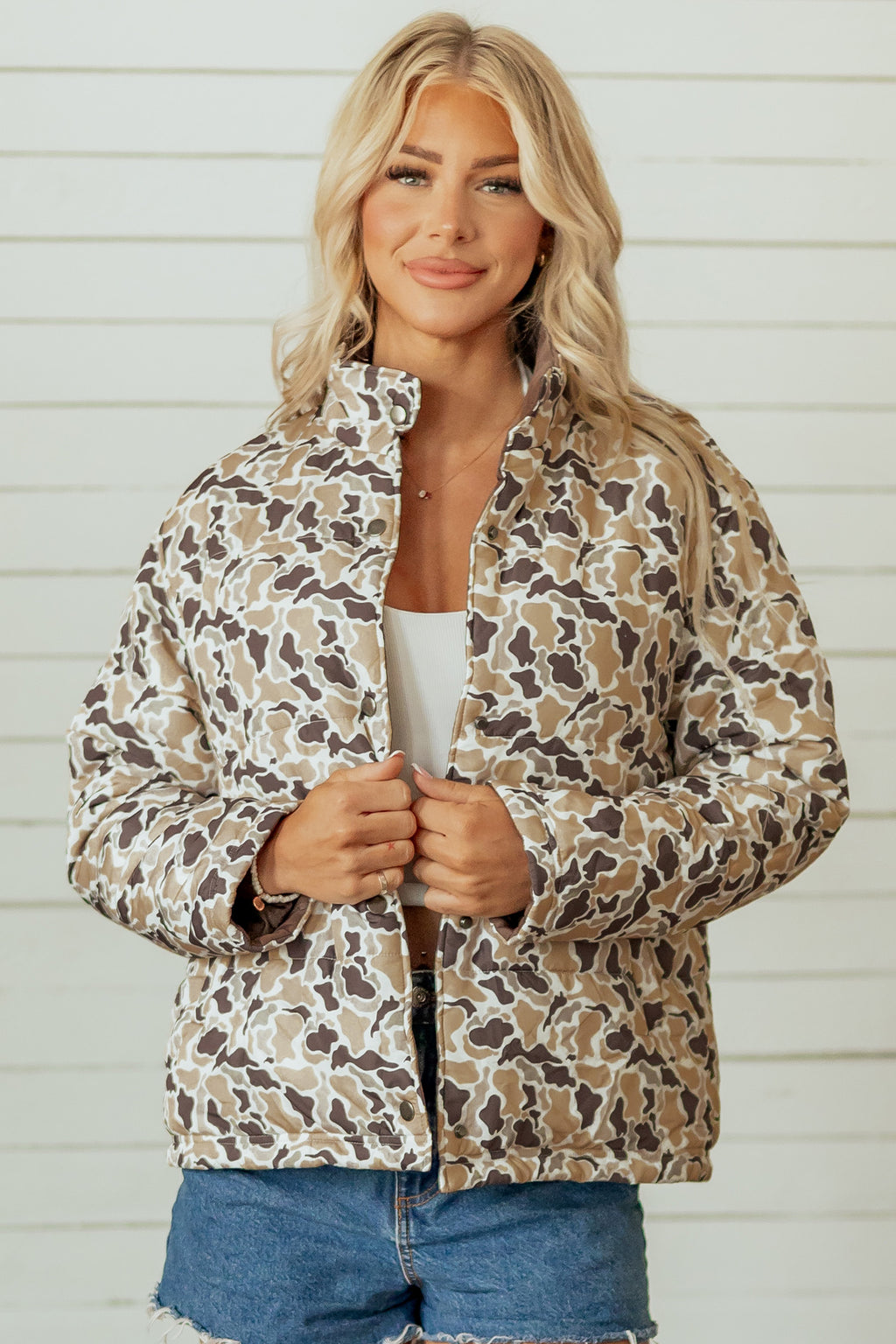 Multicolour Camouflage Quilted Metal Button Collar Long Sleeve Puffer Coat