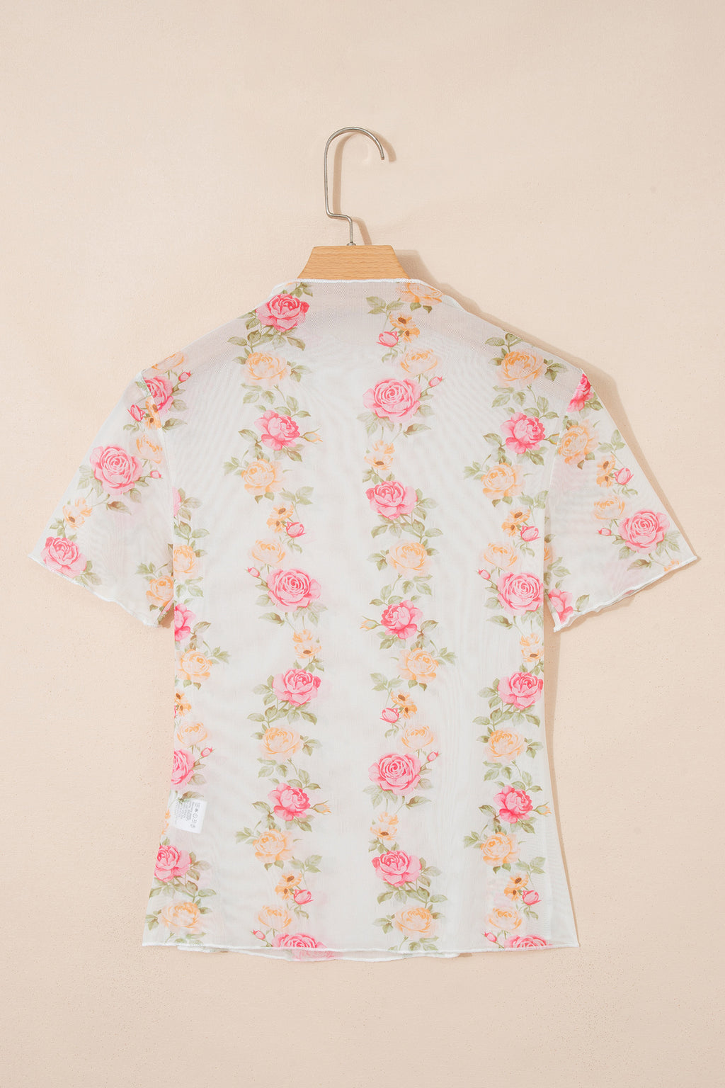 Beige Floral Print Mock Neck Short Sleeve Mesh Top