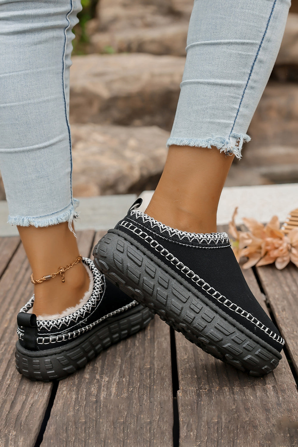White Faux Suede Woven Trim Plush Lining Platform Slippers