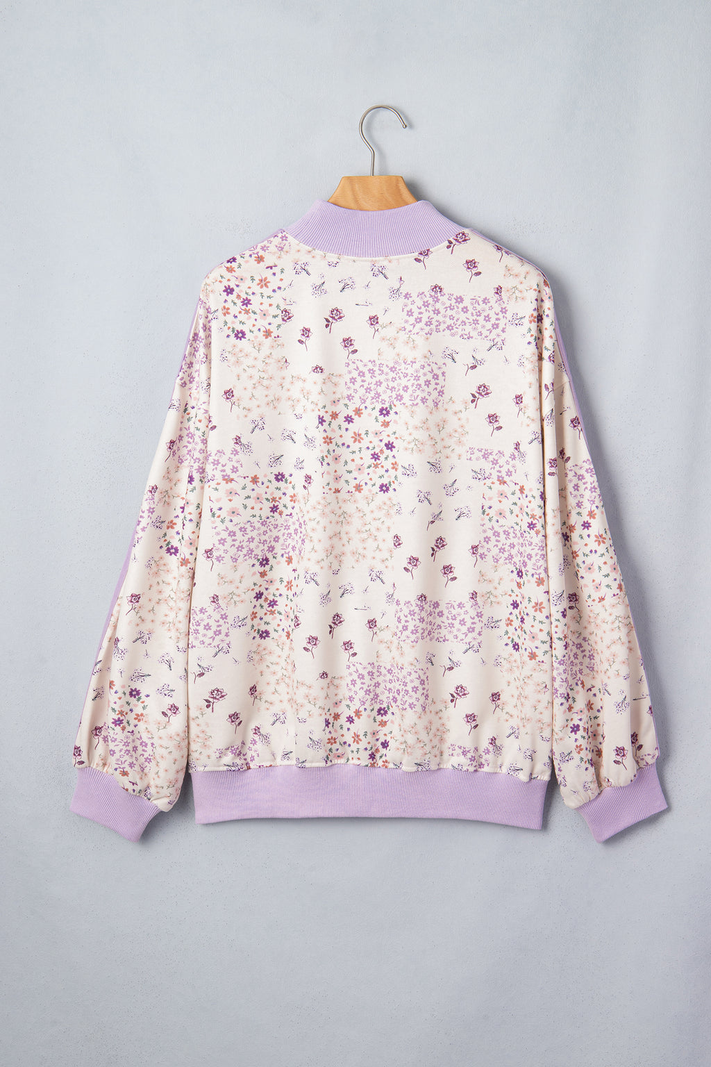 Purple Floral Print High Neck Colorblock Sleeve Paneling Sweatshirt