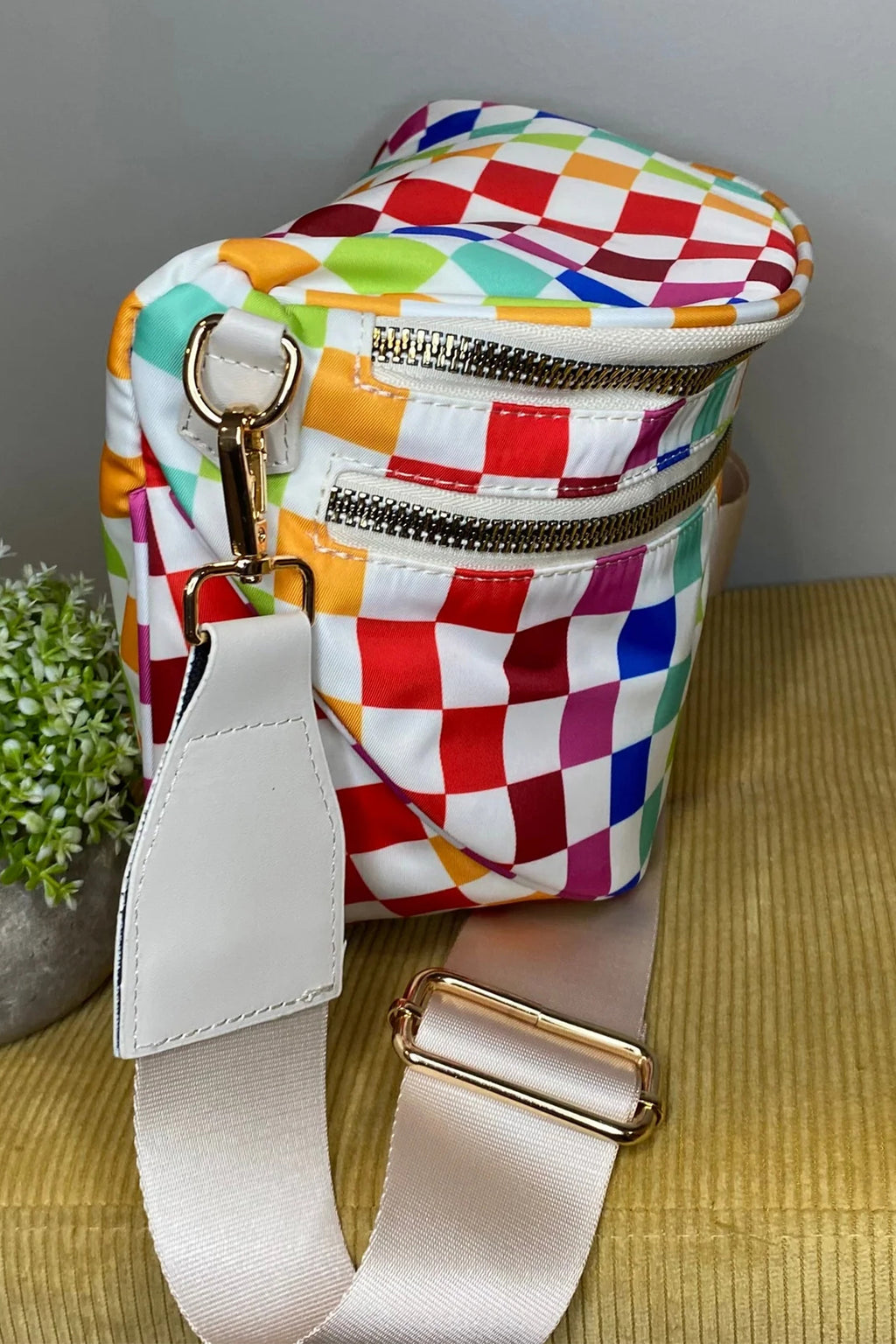 Color black Pretty Checkerboard Canvas Double Zip Crossbody Bag