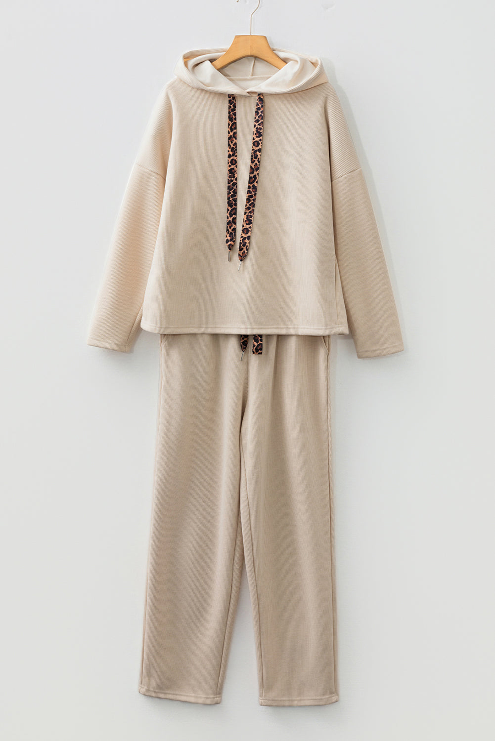Rose Tan Lace Drawstring Pullover Hoodie and High Waist Pants Corduroy Suit