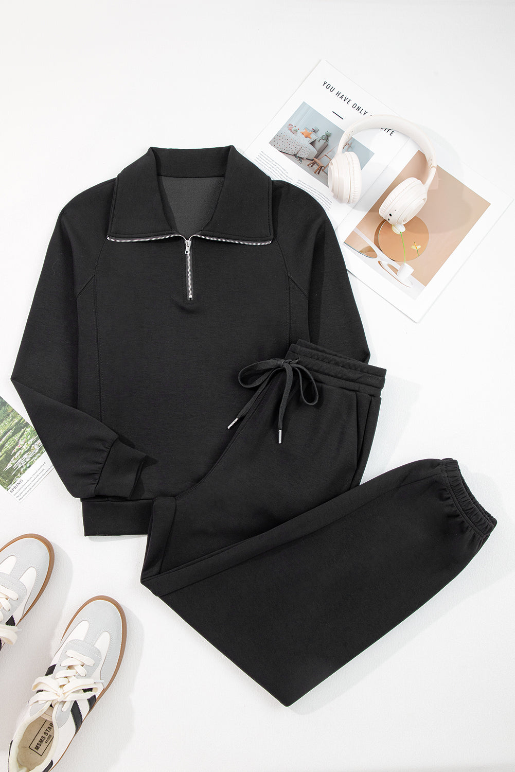 Light Grey Zip Collar Long Sleeve Top Drawstring Pants Set