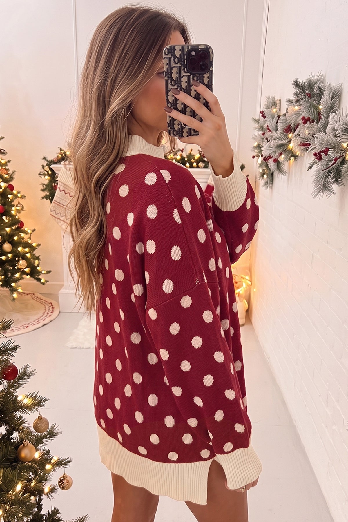 Red Polka Dot Pattern Ribbed Colorblock Trim Split Tunic Sweater