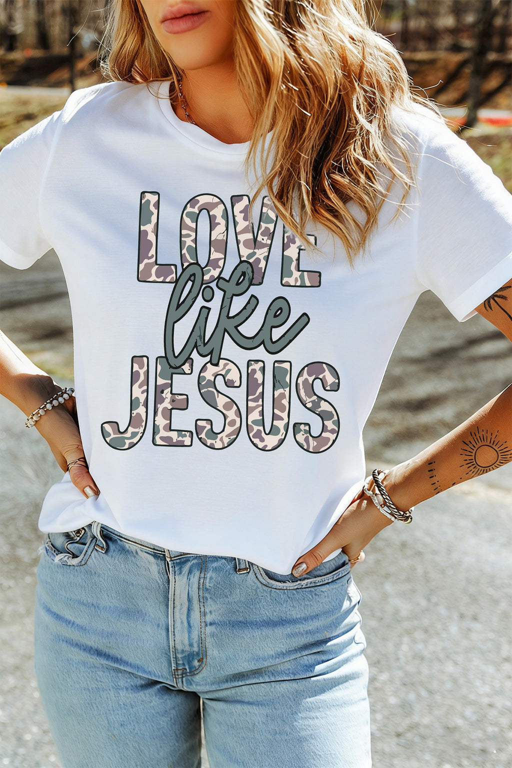 White Camo Letter Print Short Sleeve Casual T-Shirt
