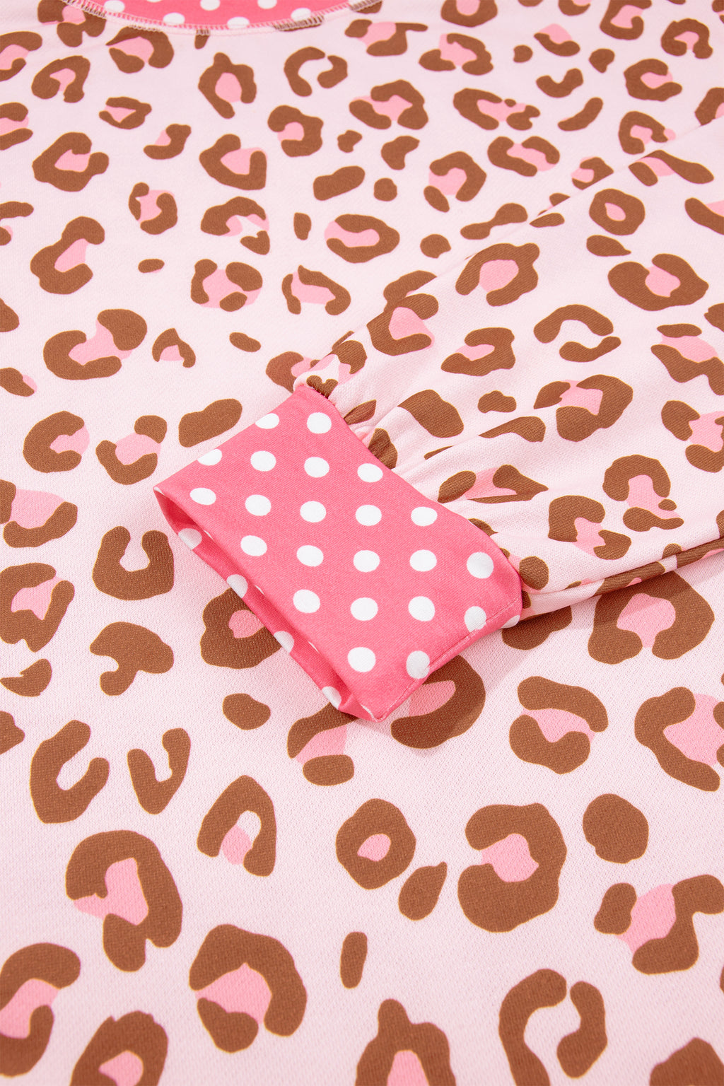 Pink Leopard Polka Dot Colorblock Trim Long Sleeve Top