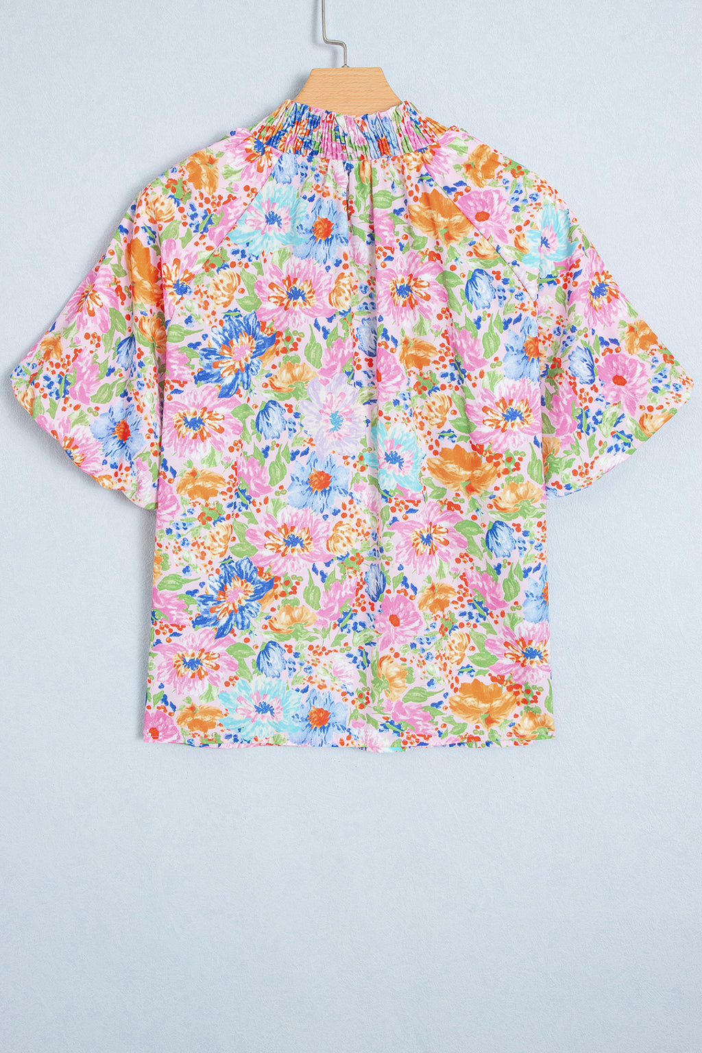 Pink Floral Print V Neck Short Sleeve Shift Blouse