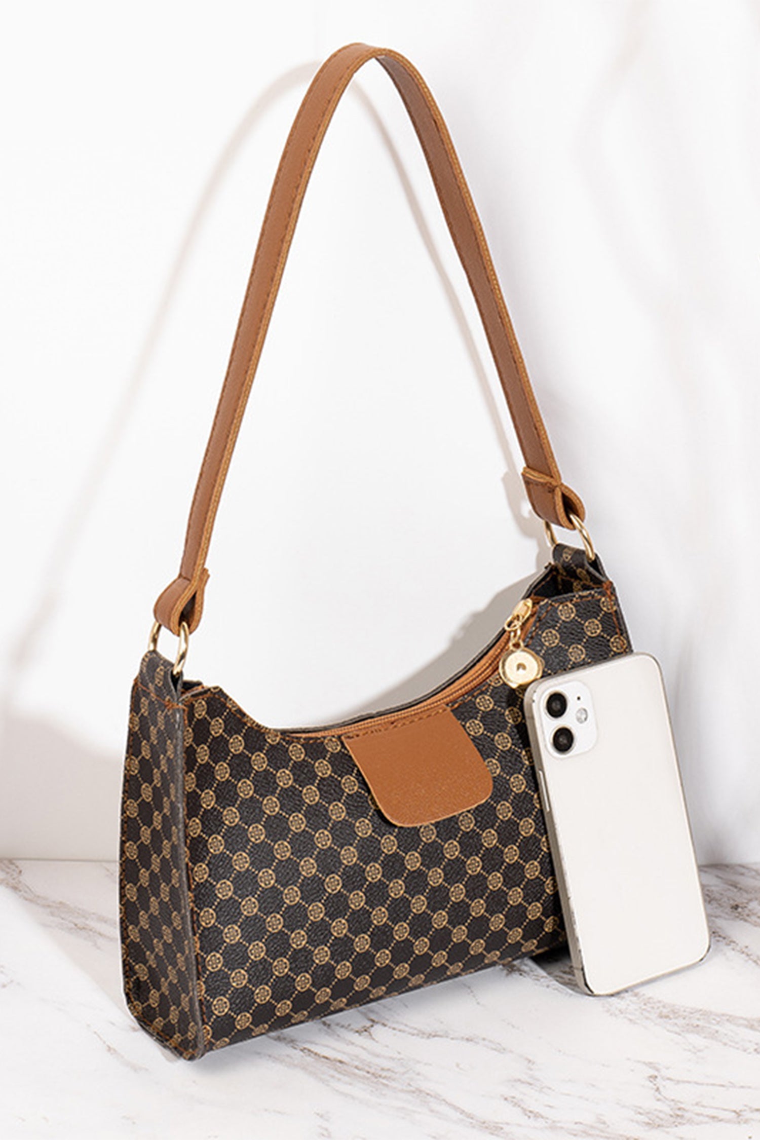 Coffee Luxury Inspired Print PU Leather Shoulder Bag