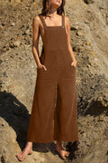 Brown Solid Color Corduroy Wide Leg Bib Overalls
