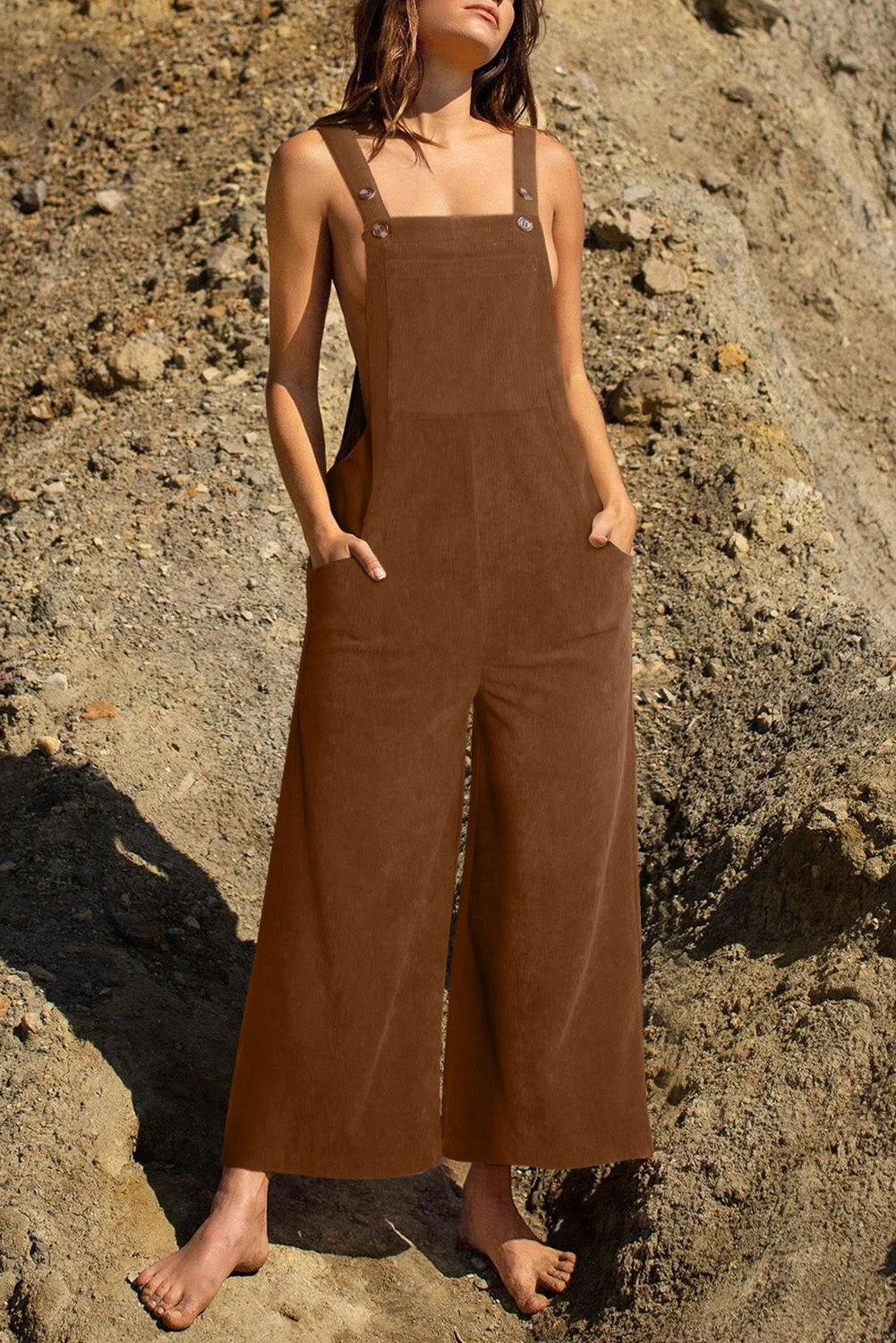 Brown Solid Color Corduroy Wide Leg Bib Overalls