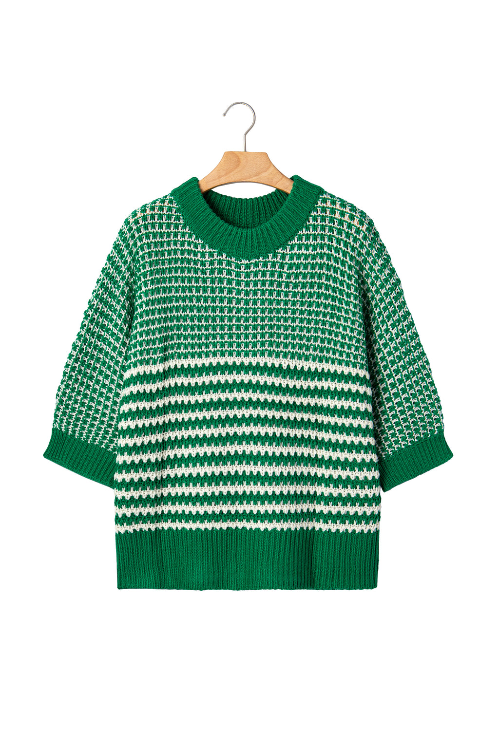 Green Stripe 3/4 Draped Sleeve Slouchy Sweater