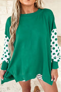 Green Polka Dot Patchwork Sleeve Crew Neck Loose Pullover Sweatshirt