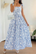 Sky Blue Floral Print Knot Straps High Waist Flared Maxi Dress