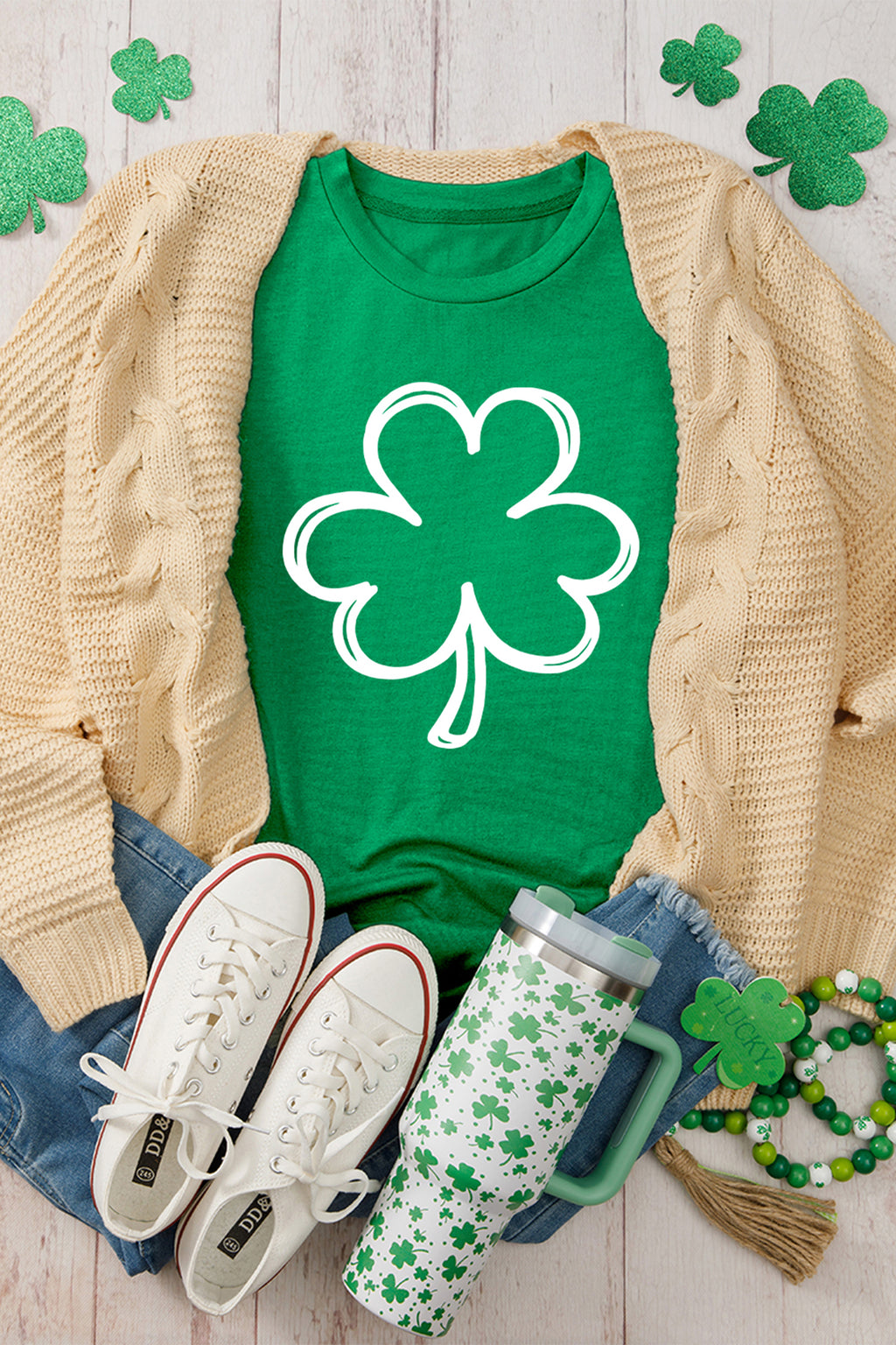 Bright Green St Patricks Day Lucky Shamrock Printed Casual Tee