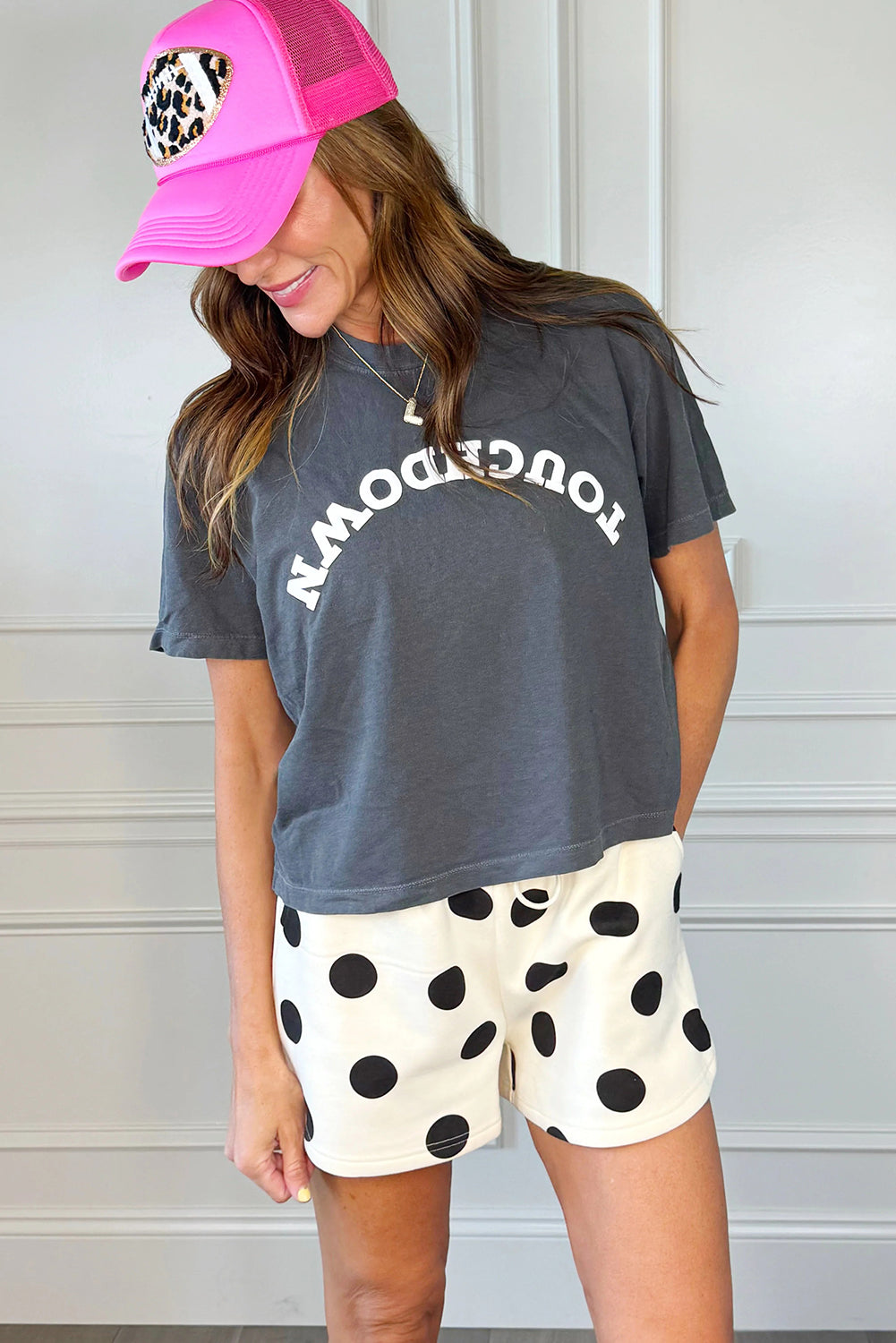 Beige Polka Dot Print Drop Shoulder Pullover Drawstring Shorts Set