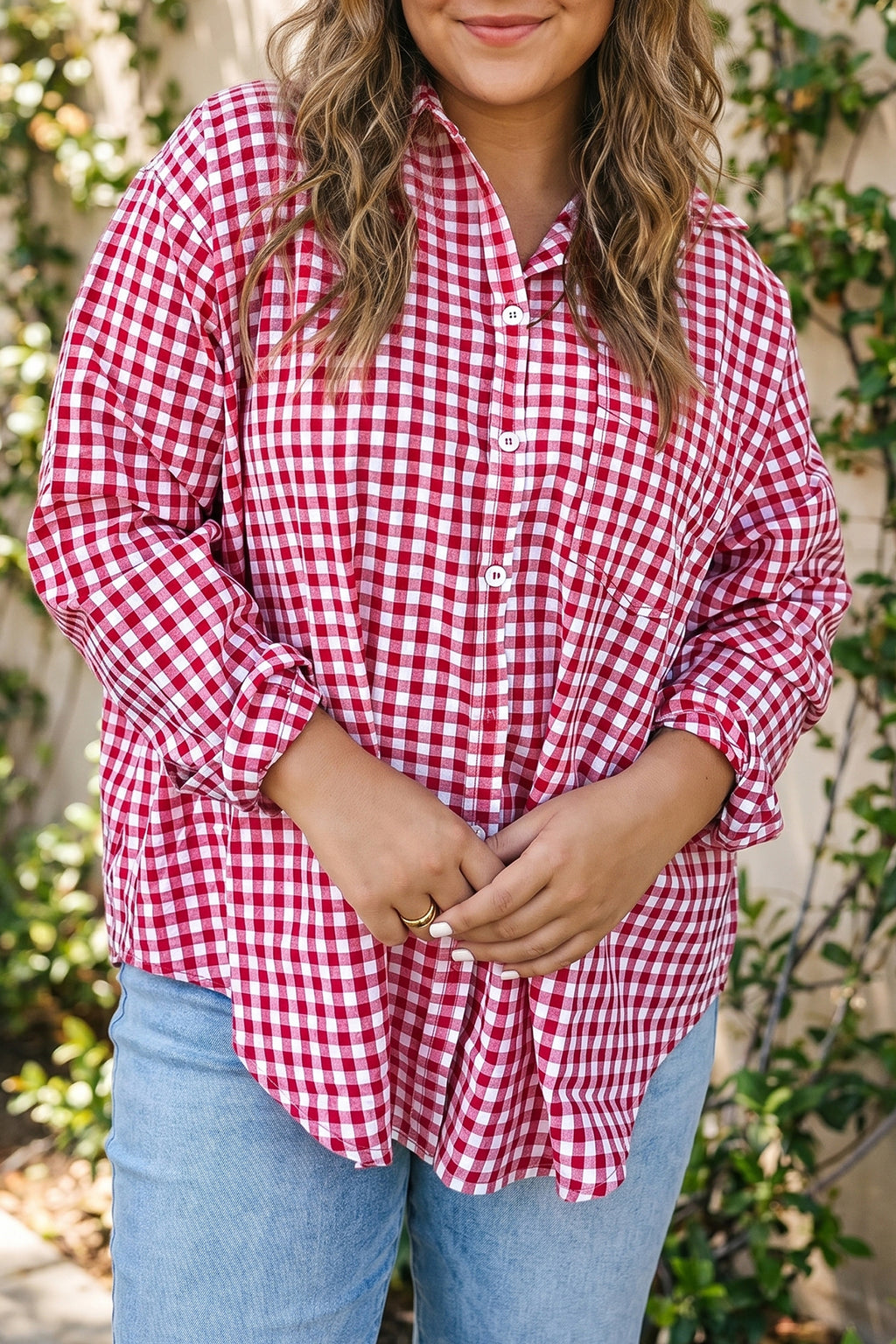 Red Plaid V Neck Long Sleeve Tunic Loose Fit Plus Size Shirt