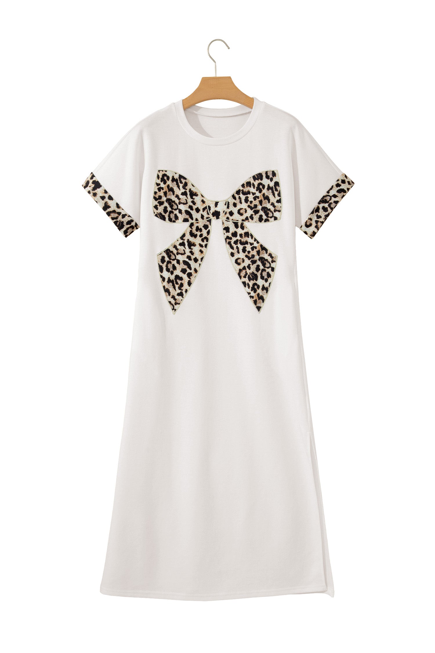 White Contrast Leopard Bow Patched Short Sleeve T Shirt Long Dress
