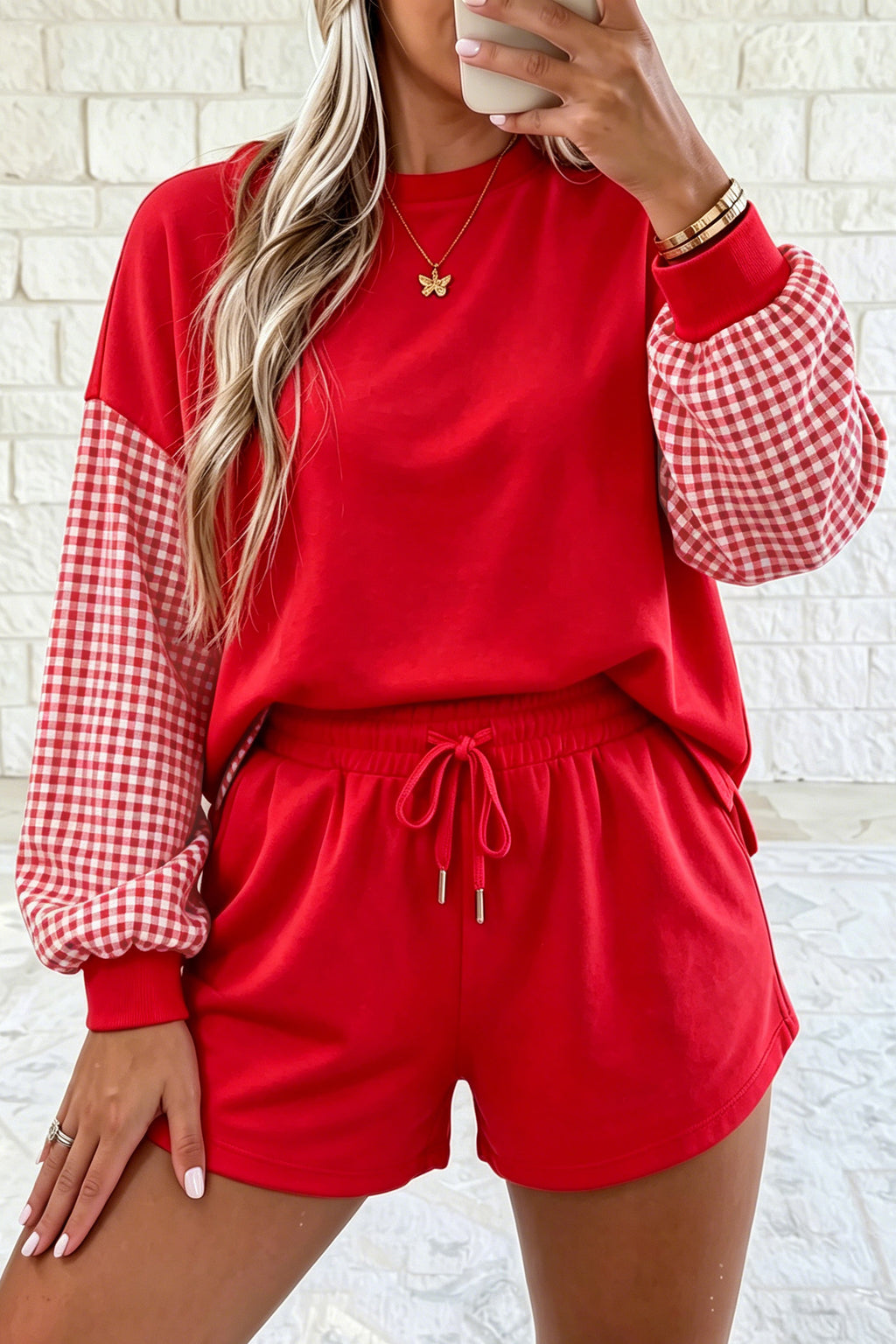 Red Plaid Patchwork Long Sleeve Top Solid Drawstring Shorts Set
