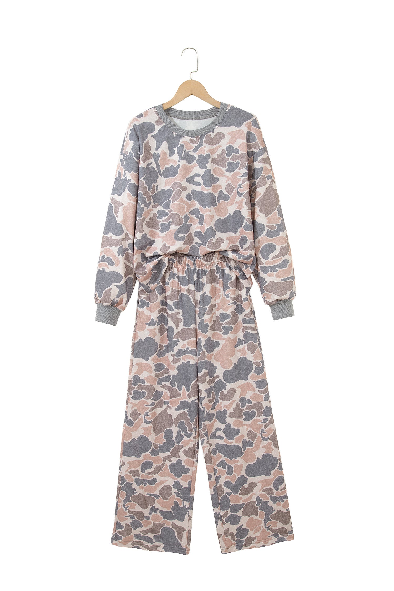 Multicolour Camouflage Print Long Sleeve Top Loose 2pcs Pants Set