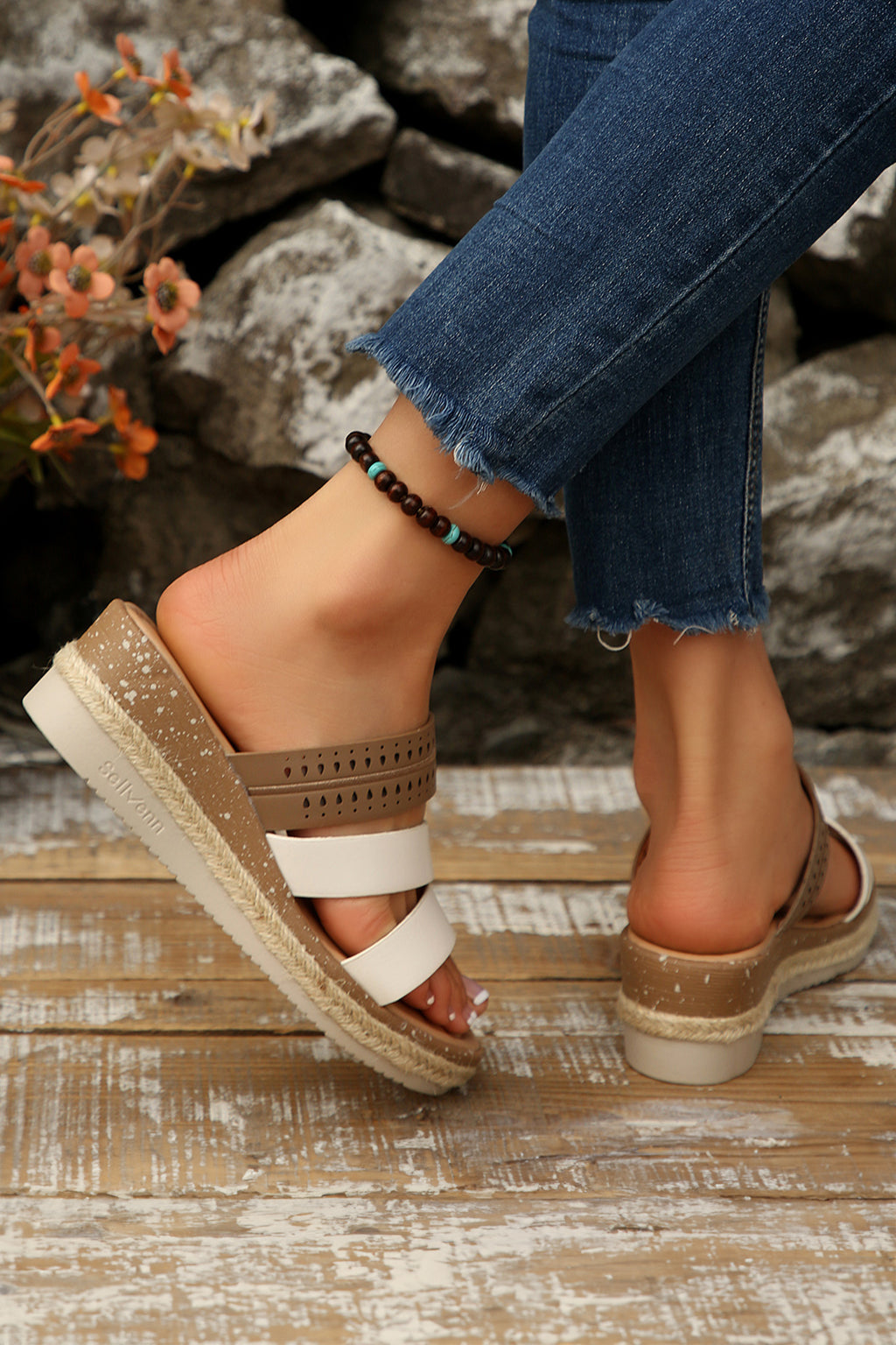 Coffee Hollowed Detail Color Block Straps Platform Wedge Slippers