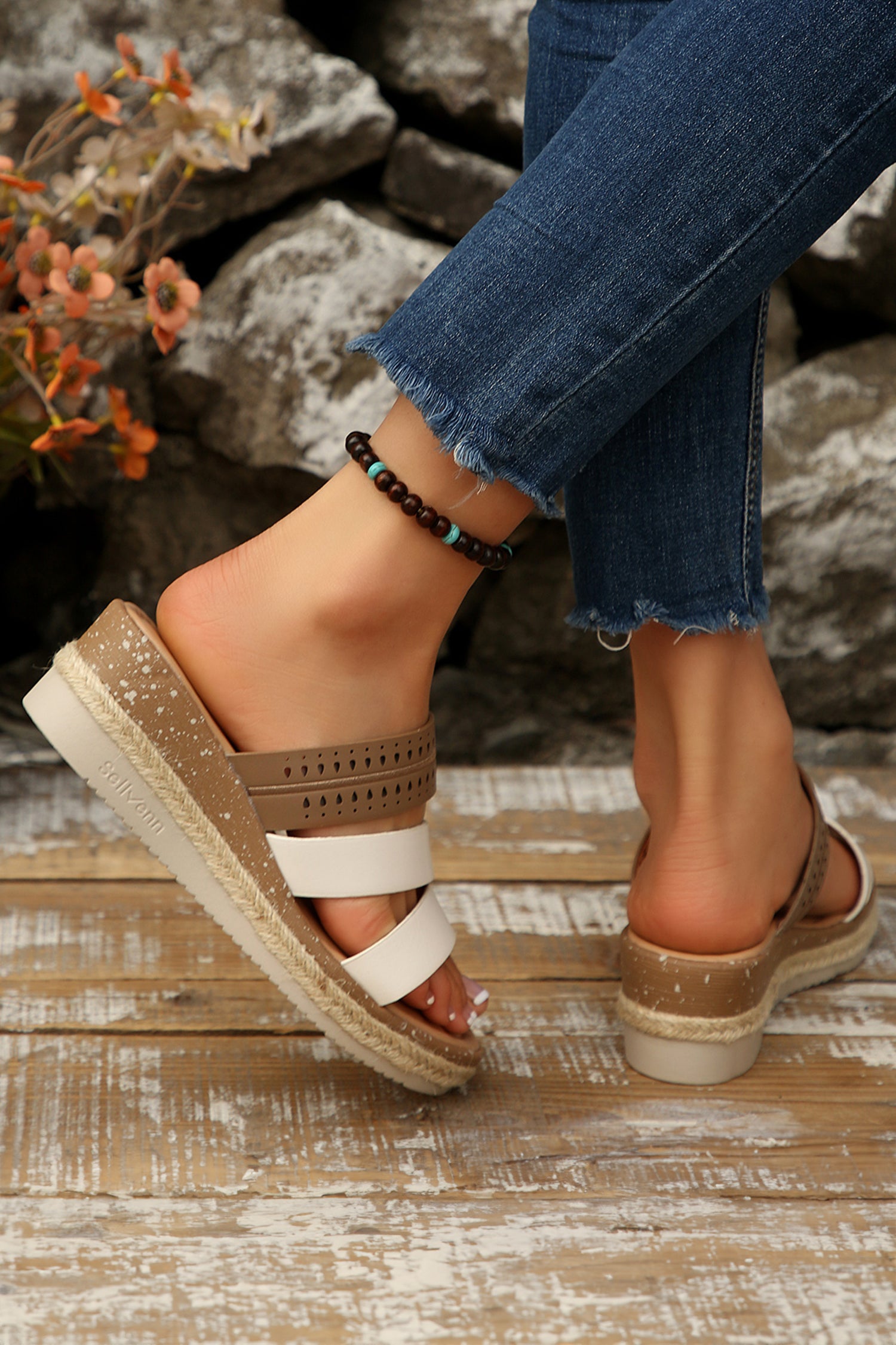 Coffee Hollowed Detail Color Block Straps Platform Wedge Slippers