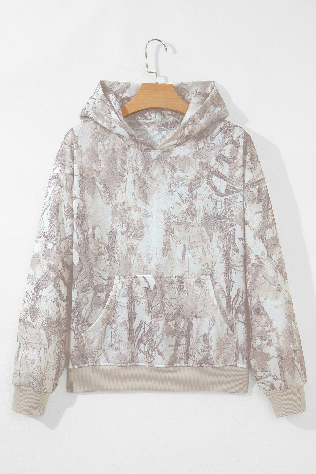 Gray Abstract Print Ribbed Cuffs Hem Long Sleeve Hoodie