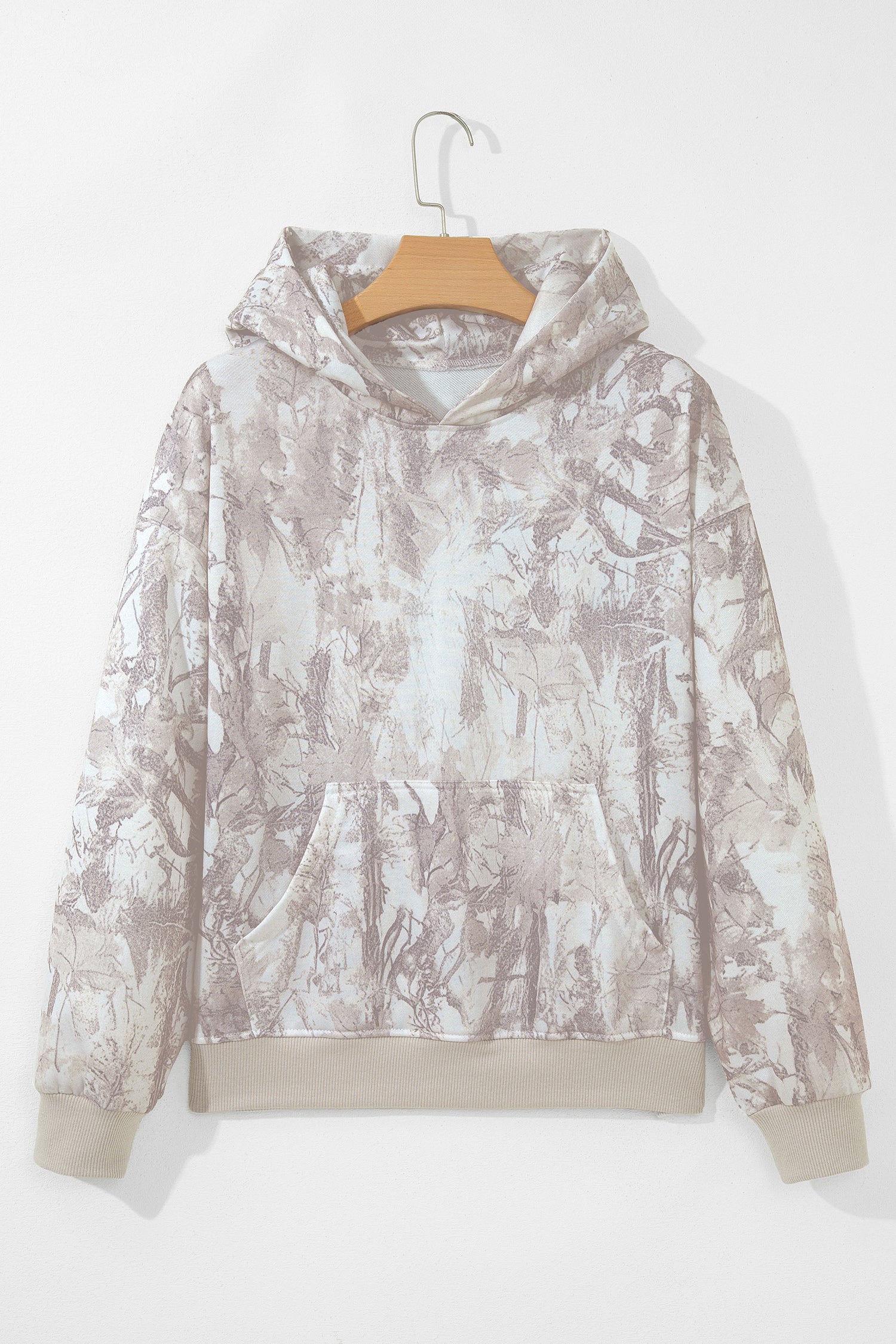 Gray Abstract Print Ribbed Cuffs Hem Long Sleeve Hoodie