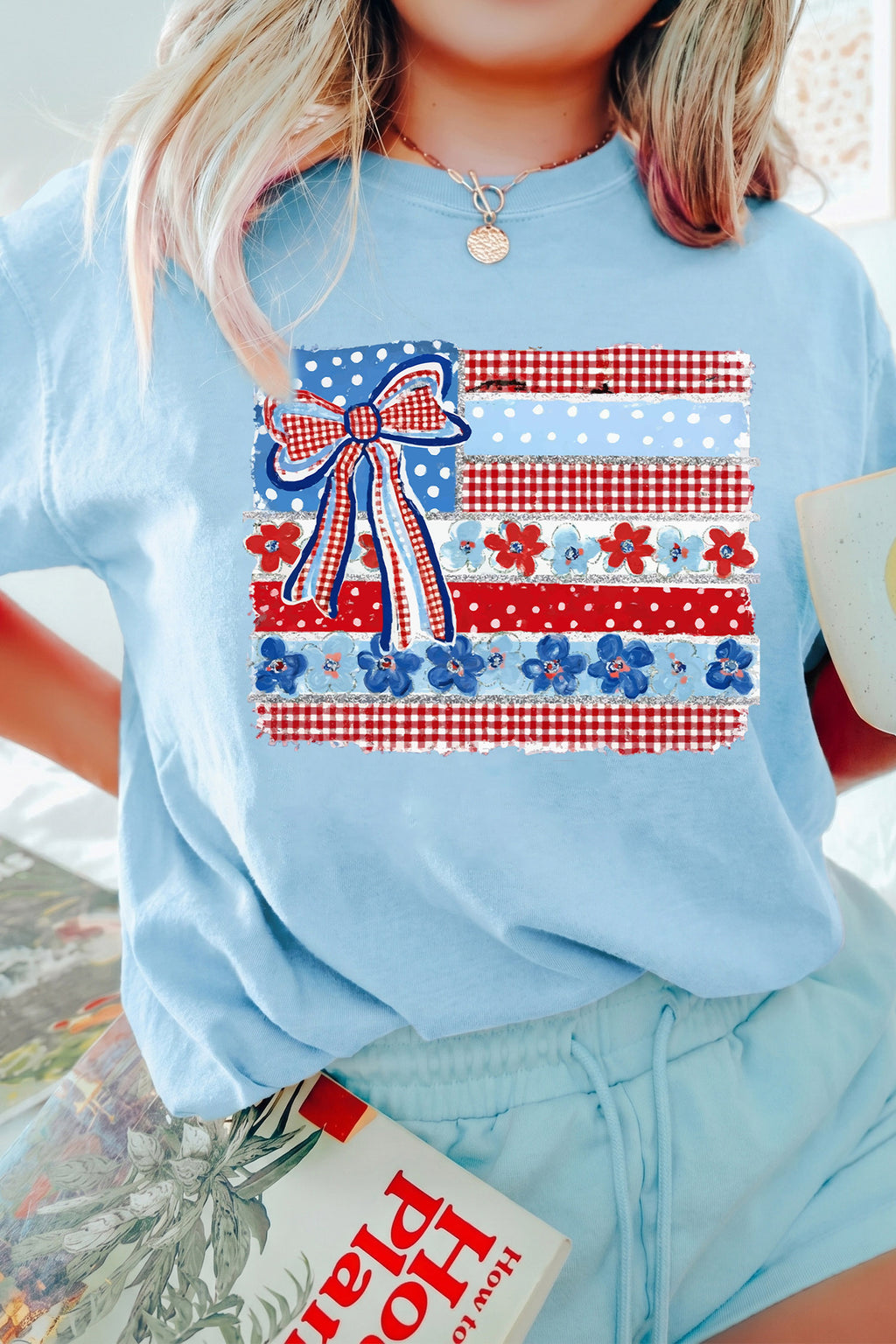 Light Blue Faux Patchwork Printed Coquette American Flag Graphic Tee