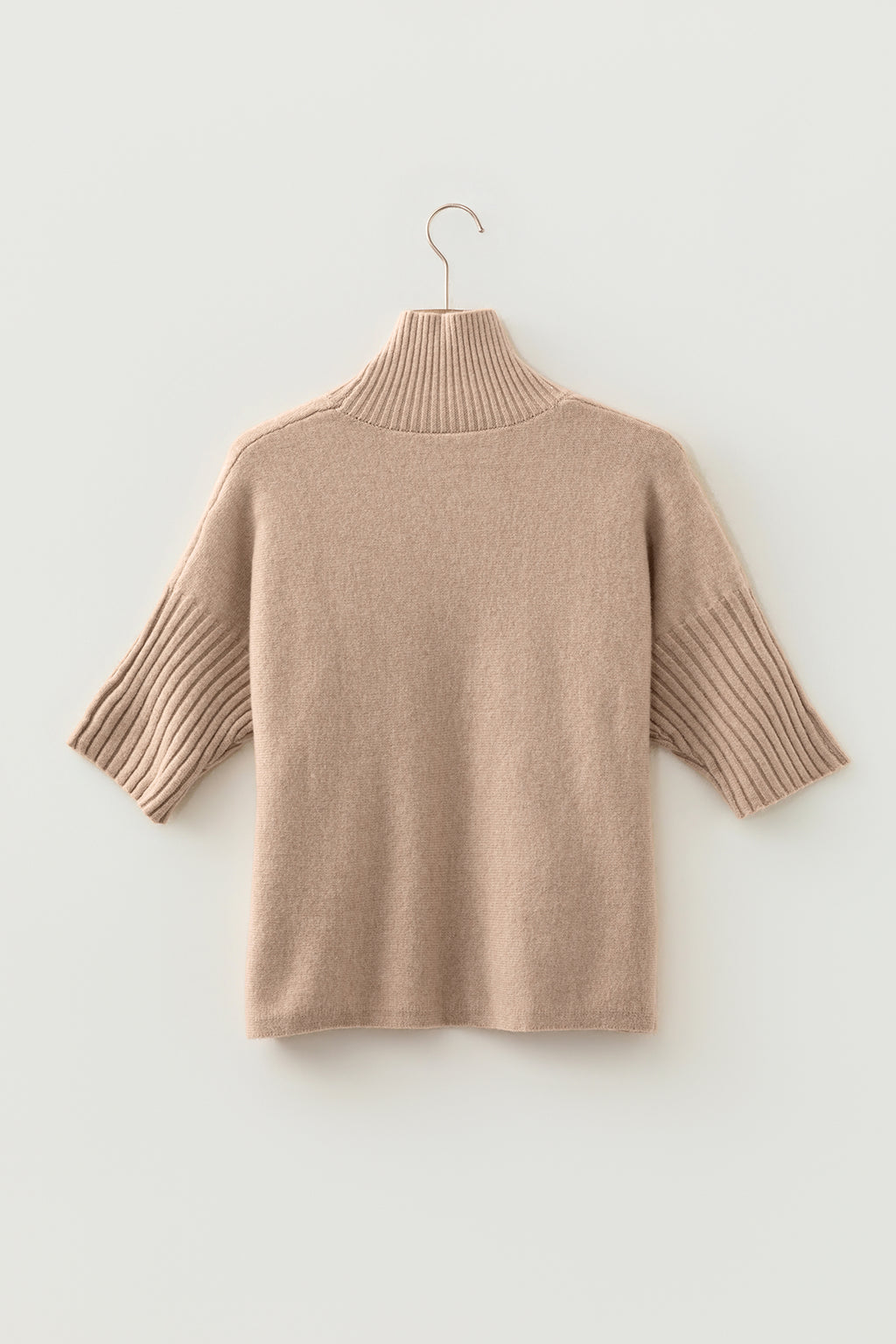 Beige High Neck Short Sleeve Solid Shift Sweater Regular Wash Casual Daily Wear